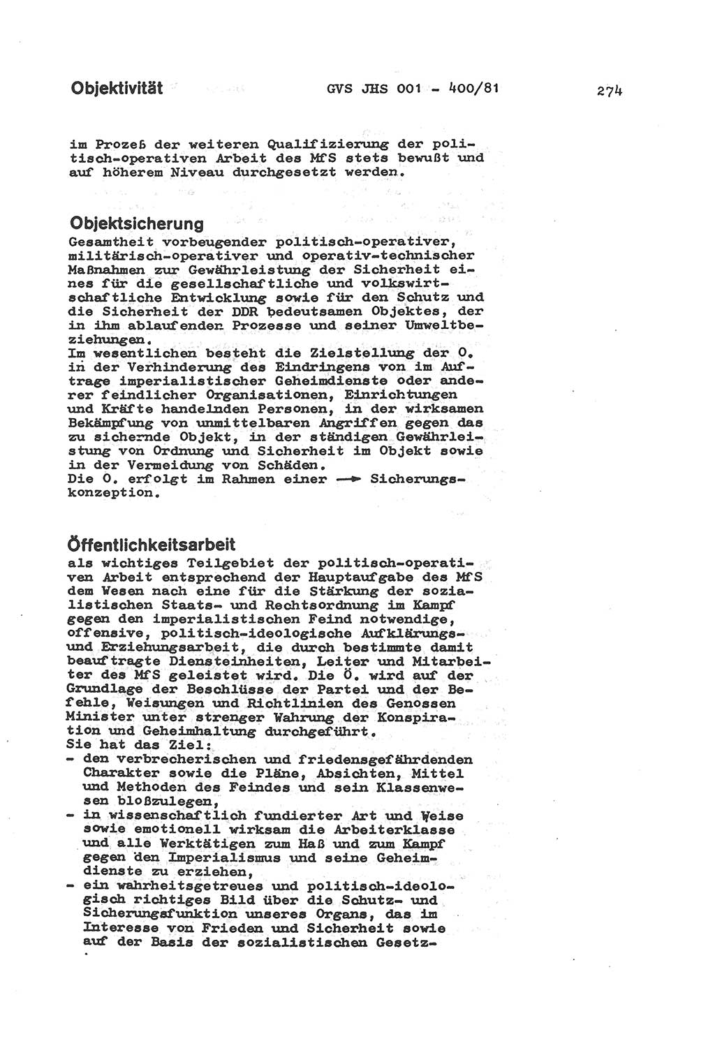 Wörterbuch der politisch-operativen Arbeit, Ministerium für Staatssicherheit (MfS) [Deutsche Demokratische Republik (DDR)], Juristische Hochschule (JHS), Geheime Verschlußsache (GVS) o001-400/81, Potsdam 1985, Blatt 274 (Wb. pol.-op. Arb. MfS DDR JHS GVS o001-400/81 1985, Bl. 274)