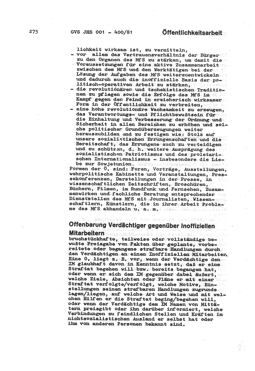 Wörterbuch der politisch-operativen Arbeit, Ministerium für Staatssicherheit (MfS) [Deutsche Demokratische Republik (DDR)], Juristische Hochschule (JHS), Geheime Verschlußsache (GVS) o001-400/81, Potsdam 1985, Blatt 275 (Wb. pol.-op. Arb. MfS DDR JHS GVS o001-400/81 1985, Bl. 275)