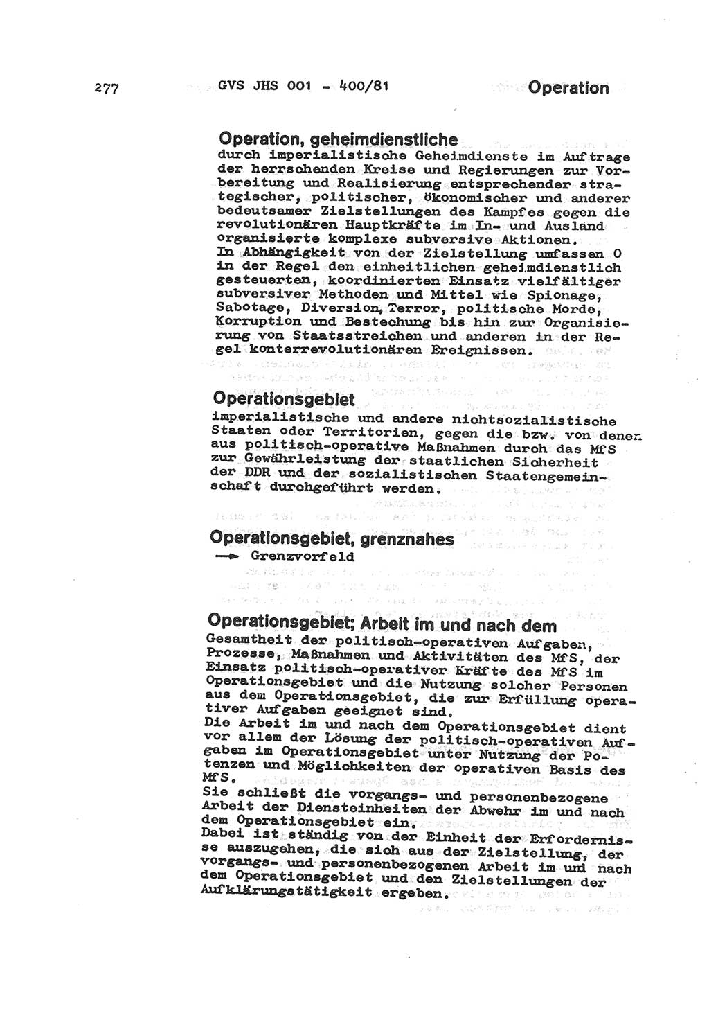 Wörterbuch der politisch-operativen Arbeit, Ministerium für Staatssicherheit (MfS) [Deutsche Demokratische Republik (DDR)], Juristische Hochschule (JHS), Geheime Verschlußsache (GVS) o001-400/81, Potsdam 1985, Blatt 277 (Wb. pol.-op. Arb. MfS DDR JHS GVS o001-400/81 1985, Bl. 277)