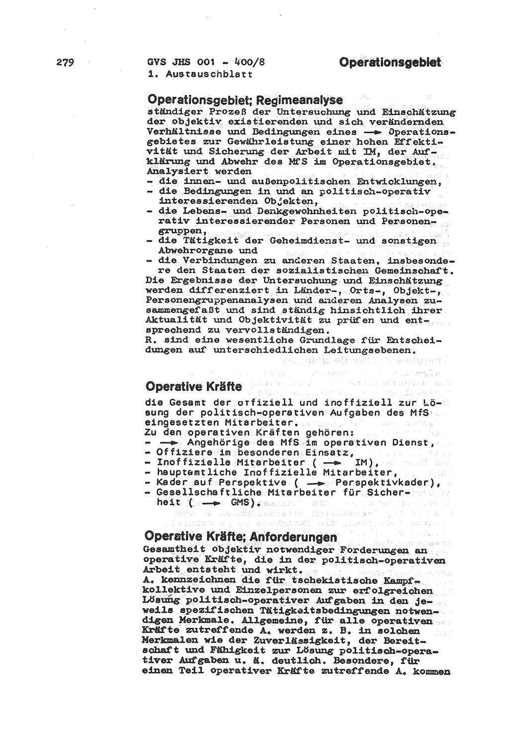 Wörterbuch der politisch-operativen Arbeit, Ministerium für Staatssicherheit (MfS) [Deutsche Demokratische Republik (DDR)], Juristische Hochschule (JHS), Geheime Verschlußsache (GVS) o001-400/81, Potsdam 1985, Blatt 279 (Wb. pol.-op. Arb. MfS DDR JHS GVS o001-400/81 1985, Bl. 279)