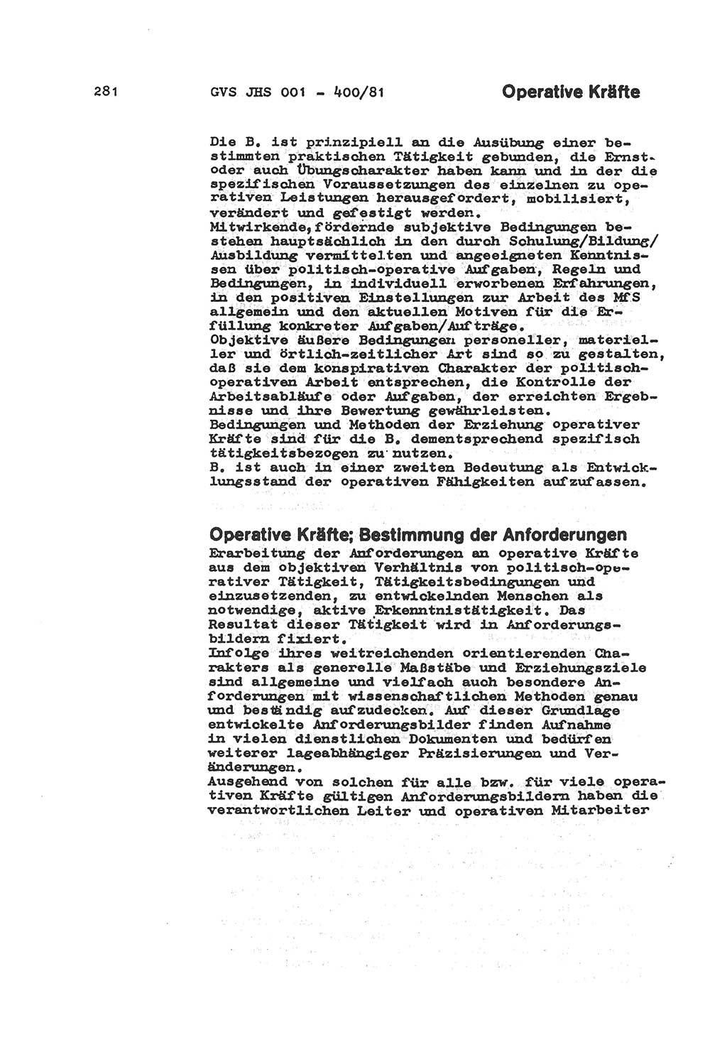 Wörterbuch der politisch-operativen Arbeit, Ministerium für Staatssicherheit (MfS) [Deutsche Demokratische Republik (DDR)], Juristische Hochschule (JHS), Geheime Verschlußsache (GVS) o001-400/81, Potsdam 1985, Blatt 281 (Wb. pol.-op. Arb. MfS DDR JHS GVS o001-400/81 1985, Bl. 281)