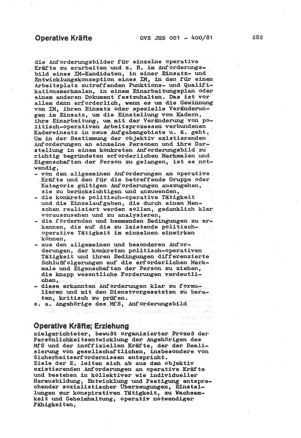 Wörterbuch der politisch-operativen Arbeit, Ministerium für Staatssicherheit (MfS) [Deutsche Demokratische Republik (DDR)], Juristische Hochschule (JHS), Geheime Verschlußsache (GVS) o001-400/81, Potsdam 1985, Blatt 282 (Wb. pol.-op. Arb. MfS DDR JHS GVS o001-400/81 1985, Bl. 282)