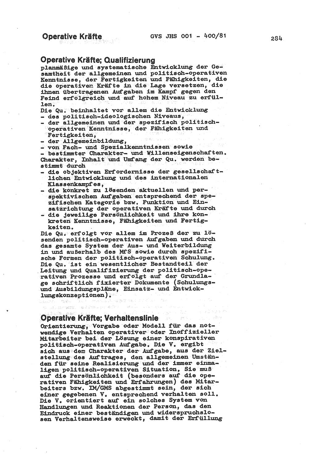 Wörterbuch der politisch-operativen Arbeit, Ministerium für Staatssicherheit (MfS) [Deutsche Demokratische Republik (DDR)], Juristische Hochschule (JHS), Geheime Verschlußsache (GVS) o001-400/81, Potsdam 1985, Blatt 284 (Wb. pol.-op. Arb. MfS DDR JHS GVS o001-400/81 1985, Bl. 284)