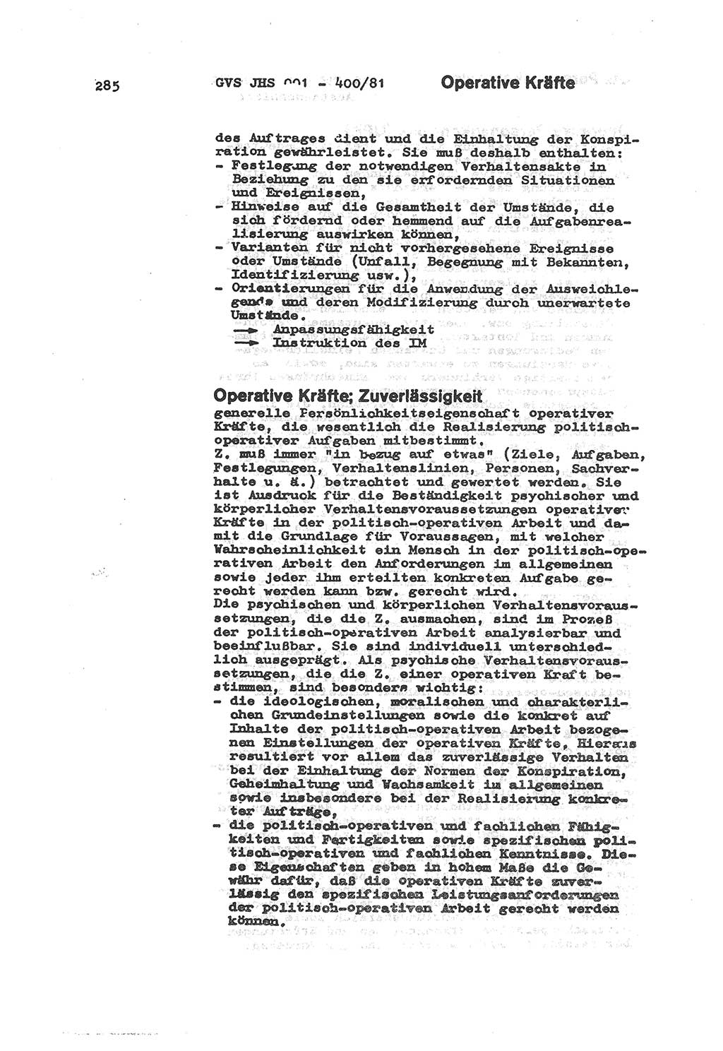 Wörterbuch der politisch-operativen Arbeit, Ministerium für Staatssicherheit (MfS) [Deutsche Demokratische Republik (DDR)], Juristische Hochschule (JHS), Geheime Verschlußsache (GVS) o001-400/81, Potsdam 1985, Blatt 285 (Wb. pol.-op. Arb. MfS DDR JHS GVS o001-400/81 1985, Bl. 285)