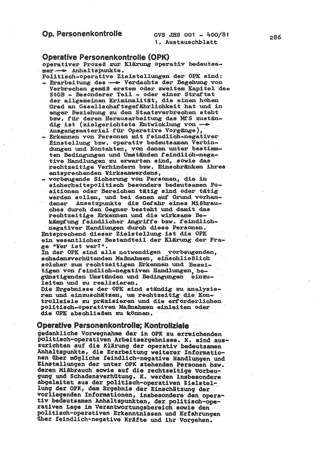 Wörterbuch der politisch-operativen Arbeit, Ministerium für Staatssicherheit (MfS) [Deutsche Demokratische Republik (DDR)], Juristische Hochschule (JHS), Geheime Verschlußsache (GVS) o001-400/81, Potsdam 1985, Blatt 286 (Wb. pol.-op. Arb. MfS DDR JHS GVS o001-400/81 1985, Bl. 286)