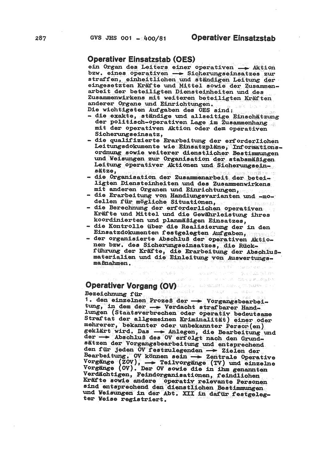 Wörterbuch der politisch-operativen Arbeit, Ministerium für Staatssicherheit (MfS) [Deutsche Demokratische Republik (DDR)], Juristische Hochschule (JHS), Geheime Verschlußsache (GVS) o001-400/81, Potsdam 1985, Blatt 287 (Wb. pol.-op. Arb. MfS DDR JHS GVS o001-400/81 1985, Bl. 287)