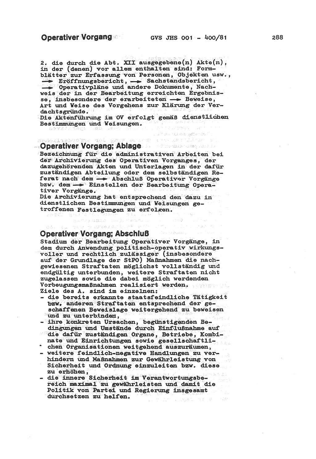 Wörterbuch der politisch-operativen Arbeit, Ministerium für Staatssicherheit (MfS) [Deutsche Demokratische Republik (DDR)], Juristische Hochschule (JHS), Geheime Verschlußsache (GVS) o001-400/81, Potsdam 1985, Blatt 288 (Wb. pol.-op. Arb. MfS DDR JHS GVS o001-400/81 1985, Bl. 288)