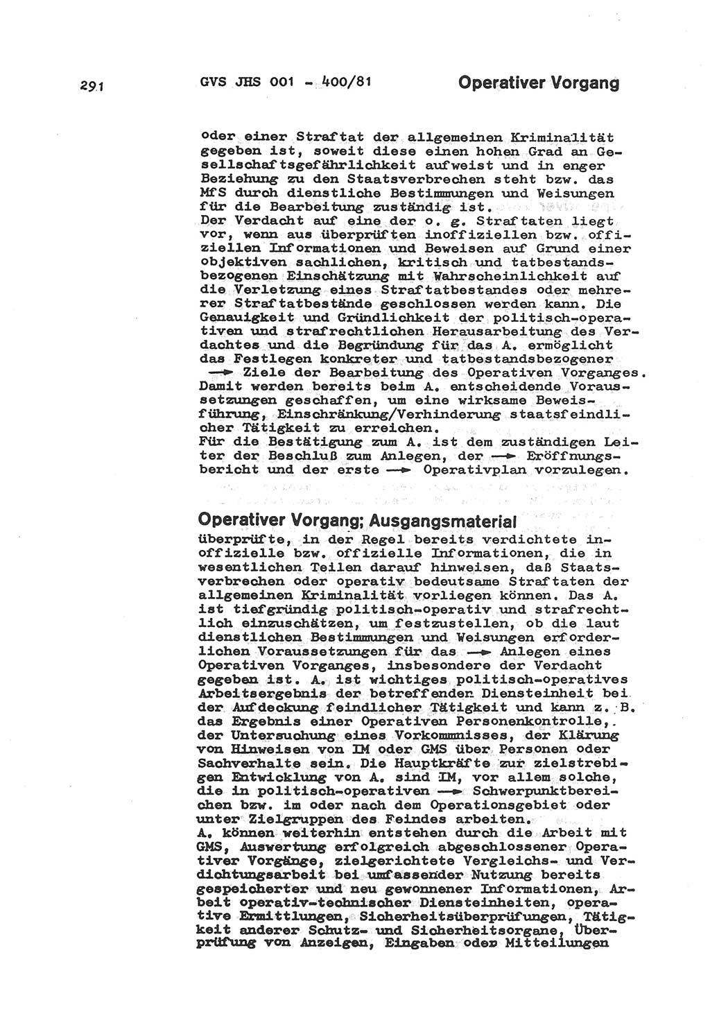 Wörterbuch der politisch-operativen Arbeit, Ministerium für Staatssicherheit (MfS) [Deutsche Demokratische Republik (DDR)], Juristische Hochschule (JHS), Geheime Verschlußsache (GVS) o001-400/81, Potsdam 1985, Blatt 291 (Wb. pol.-op. Arb. MfS DDR JHS GVS o001-400/81 1985, Bl. 291)