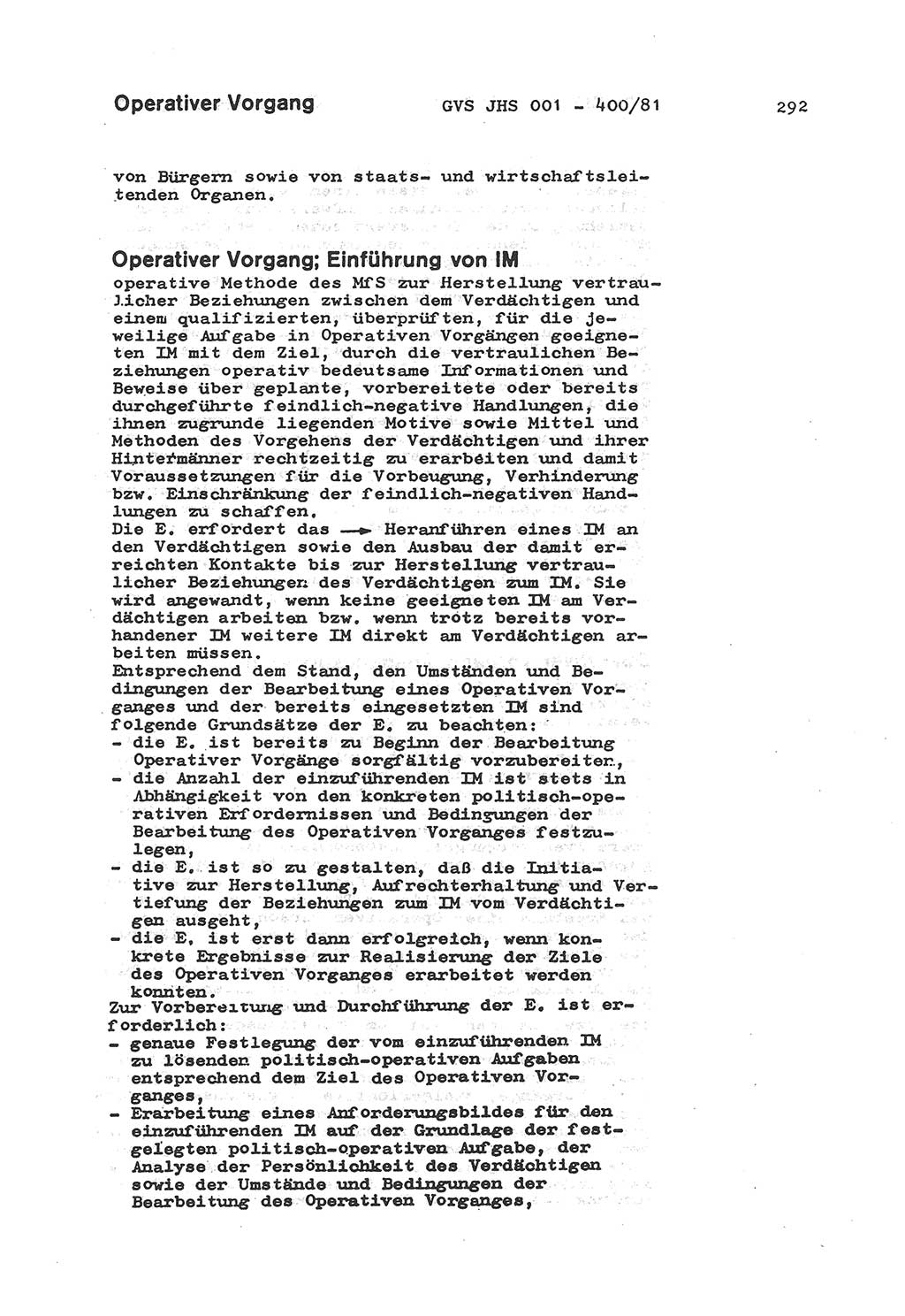 Wörterbuch der politisch-operativen Arbeit, Ministerium für Staatssicherheit (MfS) [Deutsche Demokratische Republik (DDR)], Juristische Hochschule (JHS), Geheime Verschlußsache (GVS) o001-400/81, Potsdam 1985, Blatt 292 (Wb. pol.-op. Arb. MfS DDR JHS GVS o001-400/81 1985, Bl. 292)