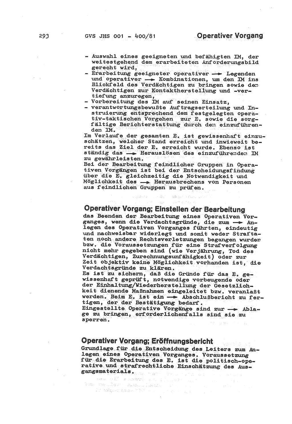 Wörterbuch der politisch-operativen Arbeit, Ministerium für Staatssicherheit (MfS) [Deutsche Demokratische Republik (DDR)], Juristische Hochschule (JHS), Geheime Verschlußsache (GVS) o001-400/81, Potsdam 1985, Blatt 293 (Wb. pol.-op. Arb. MfS DDR JHS GVS o001-400/81 1985, Bl. 293)