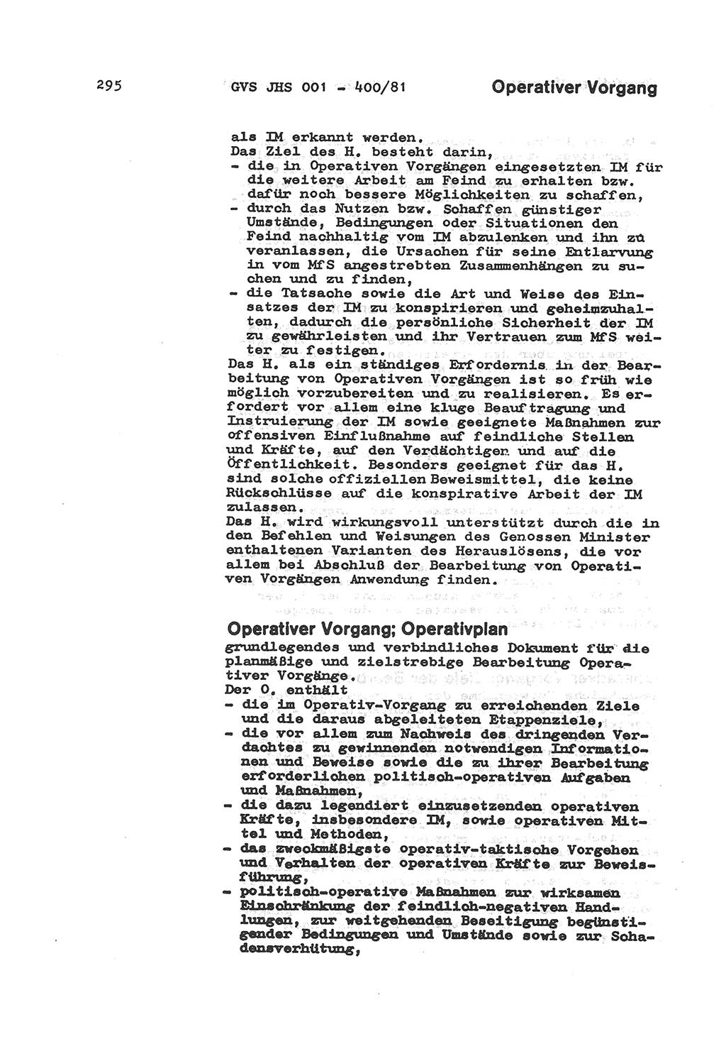 Wörterbuch der politisch-operativen Arbeit, Ministerium für Staatssicherheit (MfS) [Deutsche Demokratische Republik (DDR)], Juristische Hochschule (JHS), Geheime Verschlußsache (GVS) o001-400/81, Potsdam 1985, Blatt 295 (Wb. pol.-op. Arb. MfS DDR JHS GVS o001-400/81 1985, Bl. 295)