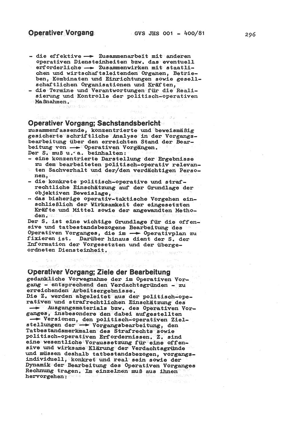 Wörterbuch der politisch-operativen Arbeit, Ministerium für Staatssicherheit (MfS) [Deutsche Demokratische Republik (DDR)], Juristische Hochschule (JHS), Geheime Verschlußsache (GVS) o001-400/81, Potsdam 1985, Blatt 296 (Wb. pol.-op. Arb. MfS DDR JHS GVS o001-400/81 1985, Bl. 296)