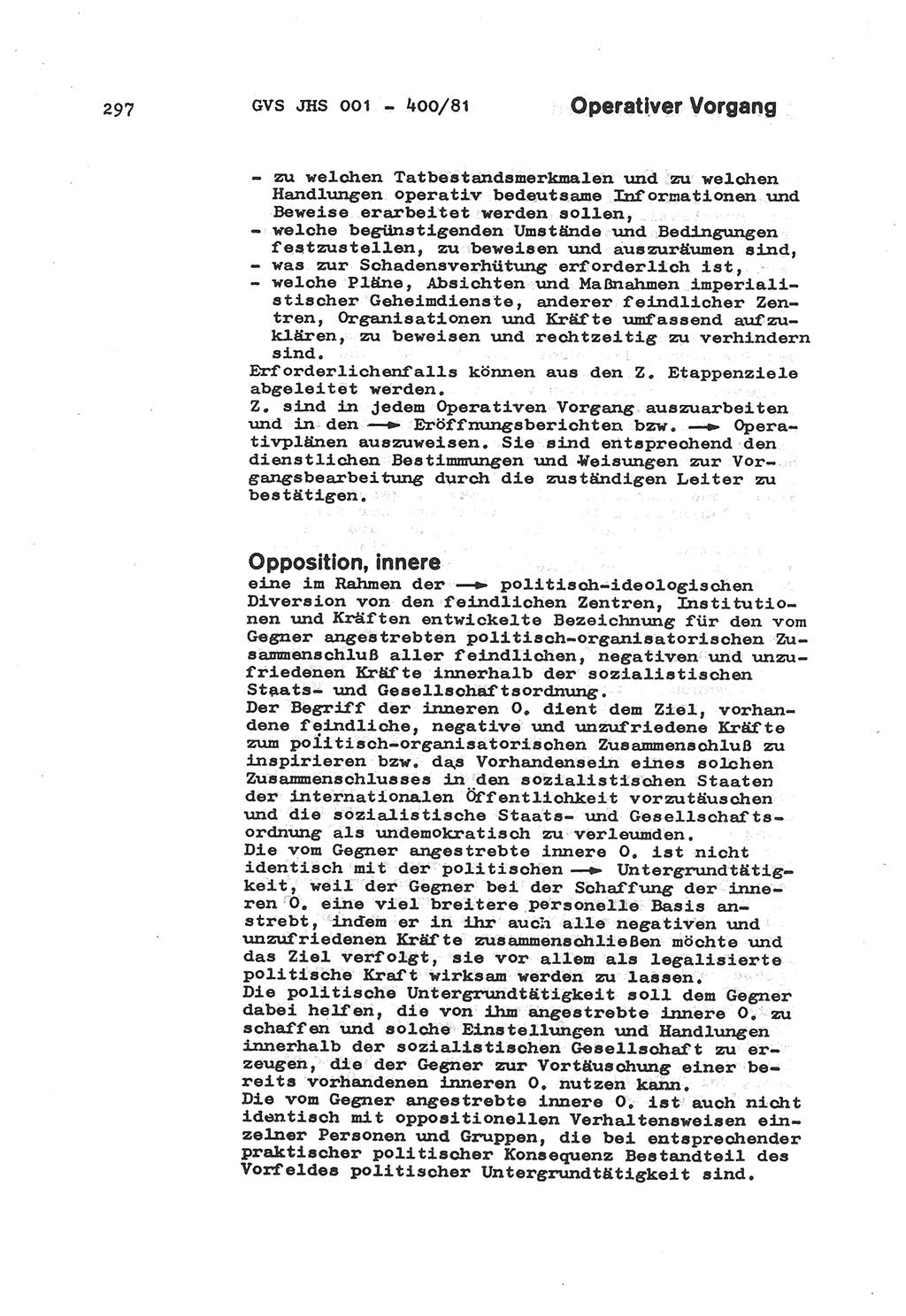 Wörterbuch der politisch-operativen Arbeit, Ministerium für Staatssicherheit (MfS) [Deutsche Demokratische Republik (DDR)], Juristische Hochschule (JHS), Geheime Verschlußsache (GVS) o001-400/81, Potsdam 1985, Blatt 297 (Wb. pol.-op. Arb. MfS DDR JHS GVS o001-400/81 1985, Bl. 297)