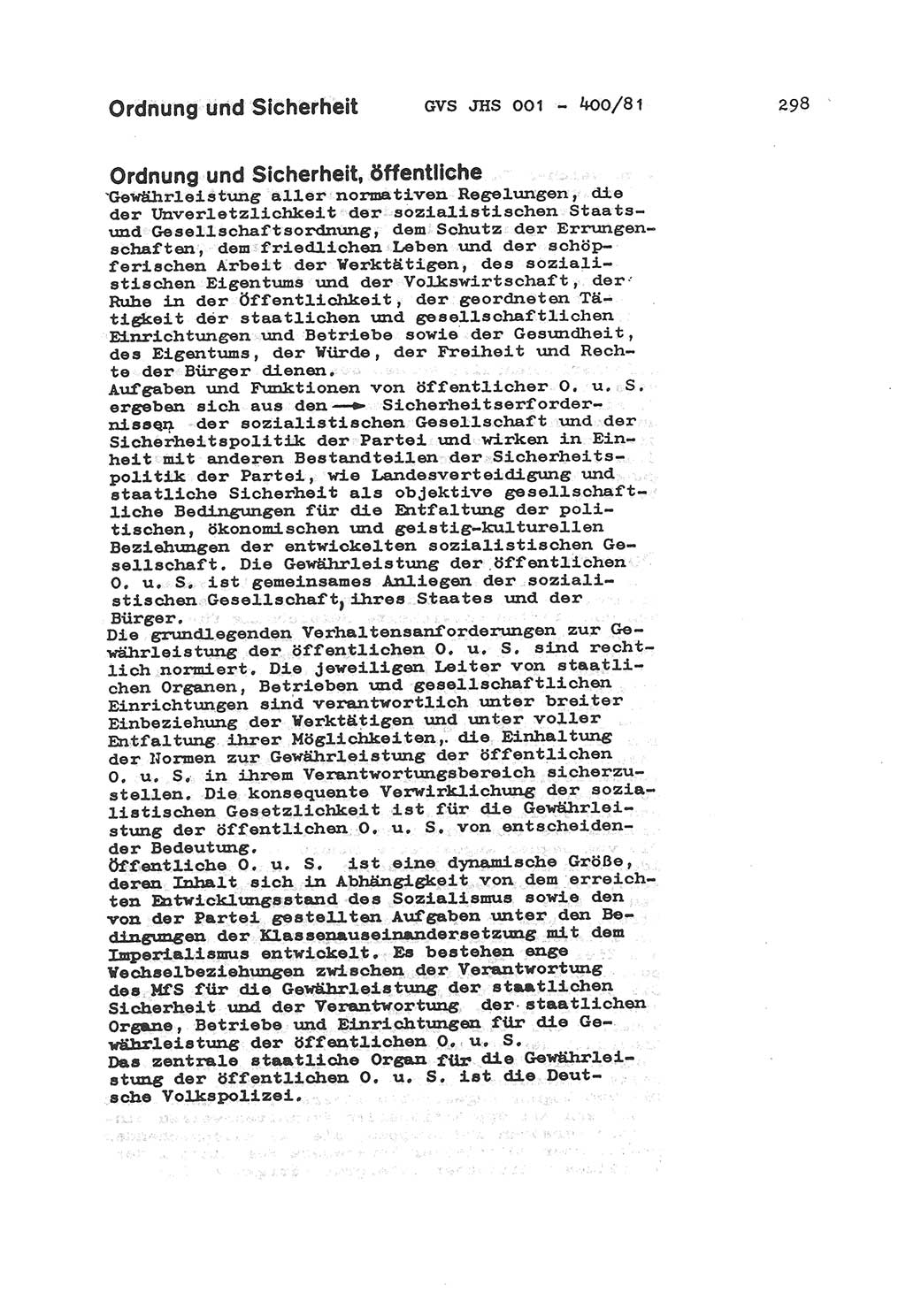 Wörterbuch der politisch-operativen Arbeit, Ministerium für Staatssicherheit (MfS) [Deutsche Demokratische Republik (DDR)], Juristische Hochschule (JHS), Geheime Verschlußsache (GVS) o001-400/81, Potsdam 1985, Blatt 298 (Wb. pol.-op. Arb. MfS DDR JHS GVS o001-400/81 1985, Bl. 298)