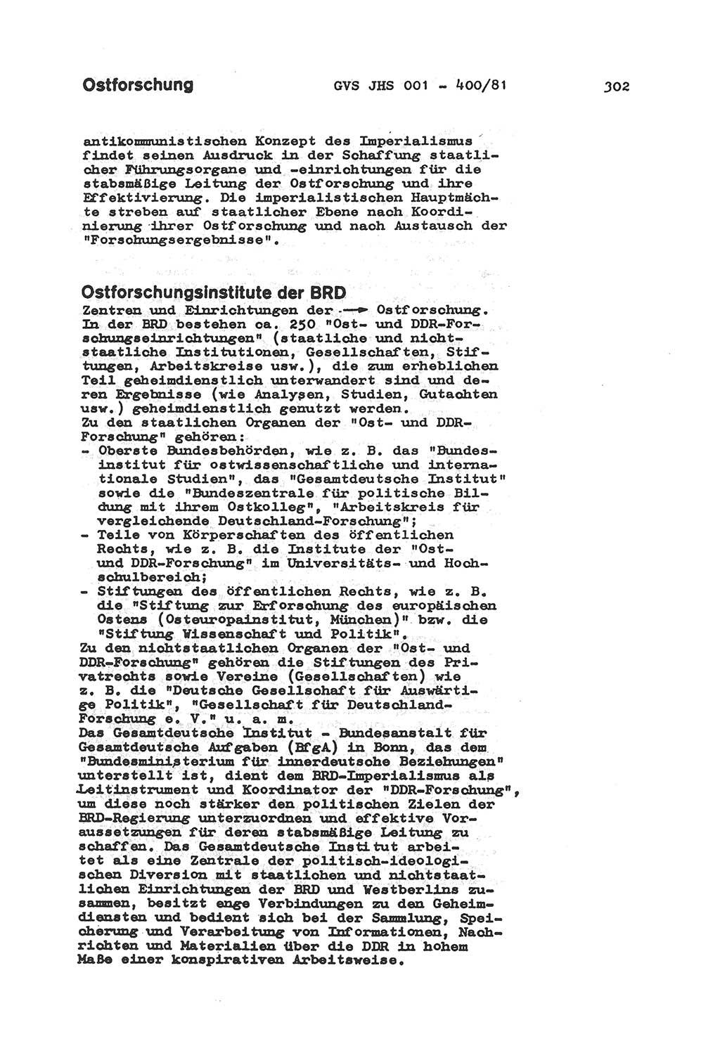 Wörterbuch der politisch-operativen Arbeit, Ministerium für Staatssicherheit (MfS) [Deutsche Demokratische Republik (DDR)], Juristische Hochschule (JHS), Geheime Verschlußsache (GVS) o001-400/81, Potsdam 1985, Blatt 302 (Wb. pol.-op. Arb. MfS DDR JHS GVS o001-400/81 1985, Bl. 302)