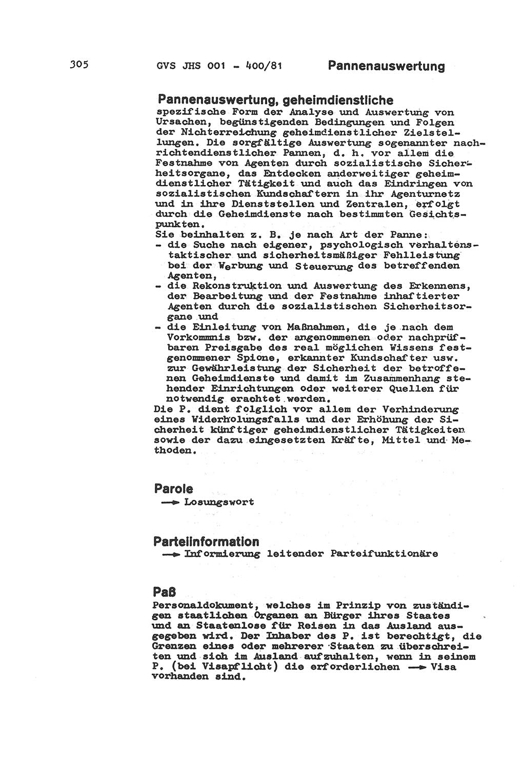 Wörterbuch der politisch-operativen Arbeit, Ministerium für Staatssicherheit (MfS) [Deutsche Demokratische Republik (DDR)], Juristische Hochschule (JHS), Geheime Verschlußsache (GVS) o001-400/81, Potsdam 1985, Blatt 305 (Wb. pol.-op. Arb. MfS DDR JHS GVS o001-400/81 1985, Bl. 305)