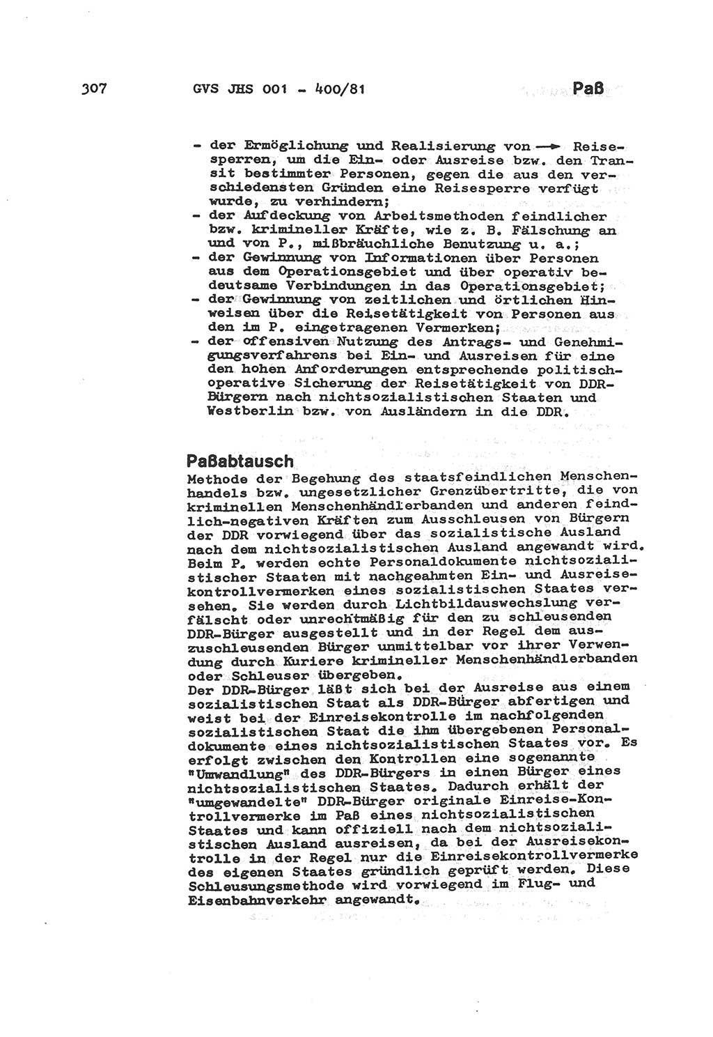 Wörterbuch der politisch-operativen Arbeit, Ministerium für Staatssicherheit (MfS) [Deutsche Demokratische Republik (DDR)], Juristische Hochschule (JHS), Geheime Verschlußsache (GVS) o001-400/81, Potsdam 1985, Blatt 307 (Wb. pol.-op. Arb. MfS DDR JHS GVS o001-400/81 1985, Bl. 307)