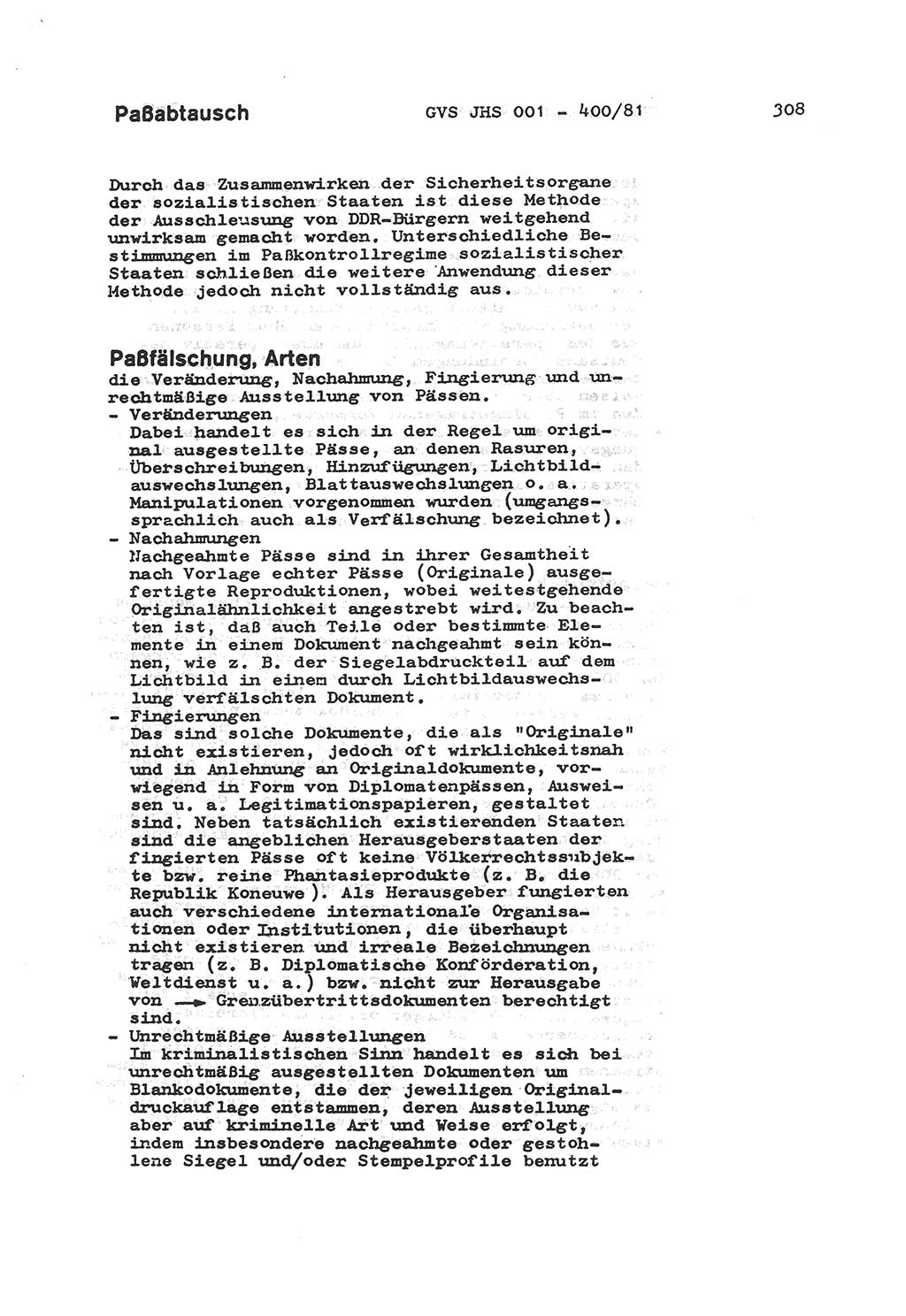 Wörterbuch der politisch-operativen Arbeit, Ministerium für Staatssicherheit (MfS) [Deutsche Demokratische Republik (DDR)], Juristische Hochschule (JHS), Geheime Verschlußsache (GVS) o001-400/81, Potsdam 1985, Blatt 308 (Wb. pol.-op. Arb. MfS DDR JHS GVS o001-400/81 1985, Bl. 308)