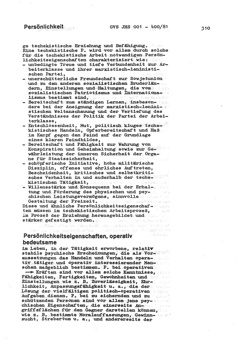 Wörterbuch der politisch-operativen Arbeit, Ministerium für Staatssicherheit (MfS) [Deutsche Demokratische Republik (DDR)], Juristische Hochschule (JHS), Geheime Verschlußsache (GVS) o001-400/81, Potsdam 1985, Blatt 310 (Wb. pol.-op. Arb. MfS DDR JHS GVS o001-400/81 1985, Bl. 310)