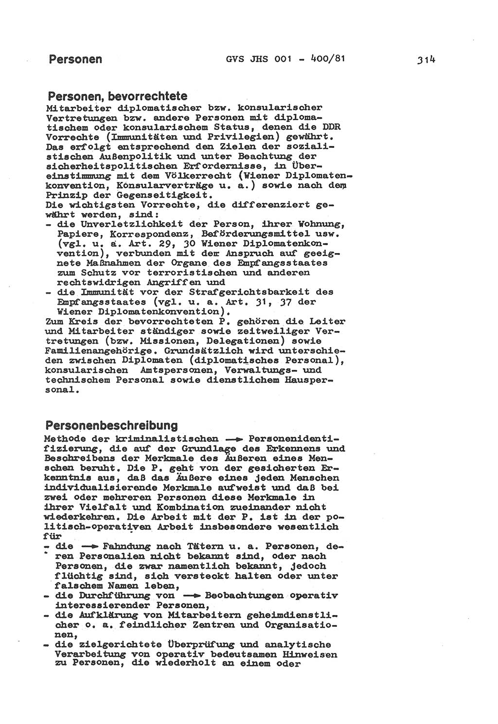 Wörterbuch der politisch-operativen Arbeit, Ministerium für Staatssicherheit (MfS) [Deutsche Demokratische Republik (DDR)], Juristische Hochschule (JHS), Geheime Verschlußsache (GVS) o001-400/81, Potsdam 1985, Blatt 314 (Wb. pol.-op. Arb. MfS DDR JHS GVS o001-400/81 1985, Bl. 314)
