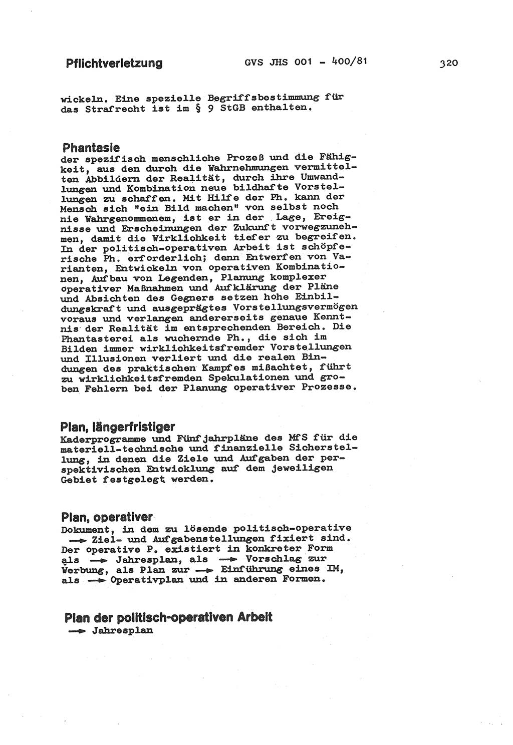 Wörterbuch der politisch-operativen Arbeit, Ministerium für Staatssicherheit (MfS) [Deutsche Demokratische Republik (DDR)], Juristische Hochschule (JHS), Geheime Verschlußsache (GVS) o001-400/81, Potsdam 1985, Blatt 320 (Wb. pol.-op. Arb. MfS DDR JHS GVS o001-400/81 1985, Bl. 320)