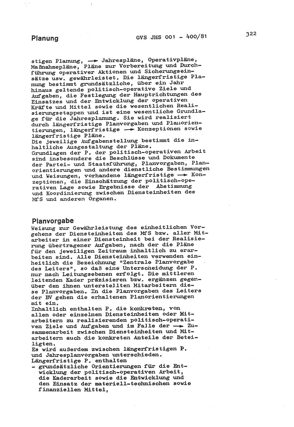 Wörterbuch der politisch-operativen Arbeit, Ministerium für Staatssicherheit (MfS) [Deutsche Demokratische Republik (DDR)], Juristische Hochschule (JHS), Geheime Verschlußsache (GVS) o001-400/81, Potsdam 1985, Blatt 322 (Wb. pol.-op. Arb. MfS DDR JHS GVS o001-400/81 1985, Bl. 322)