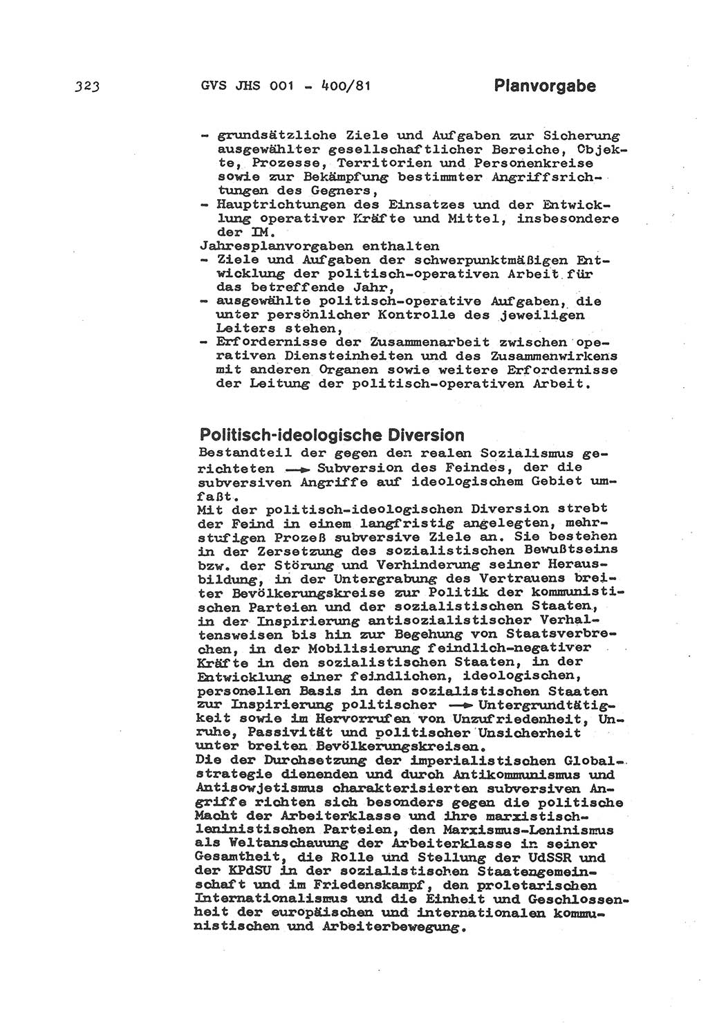 Wörterbuch der politisch-operativen Arbeit, Ministerium für Staatssicherheit (MfS) [Deutsche Demokratische Republik (DDR)], Juristische Hochschule (JHS), Geheime Verschlußsache (GVS) o001-400/81, Potsdam 1985, Blatt 323 (Wb. pol.-op. Arb. MfS DDR JHS GVS o001-400/81 1985, Bl. 323)