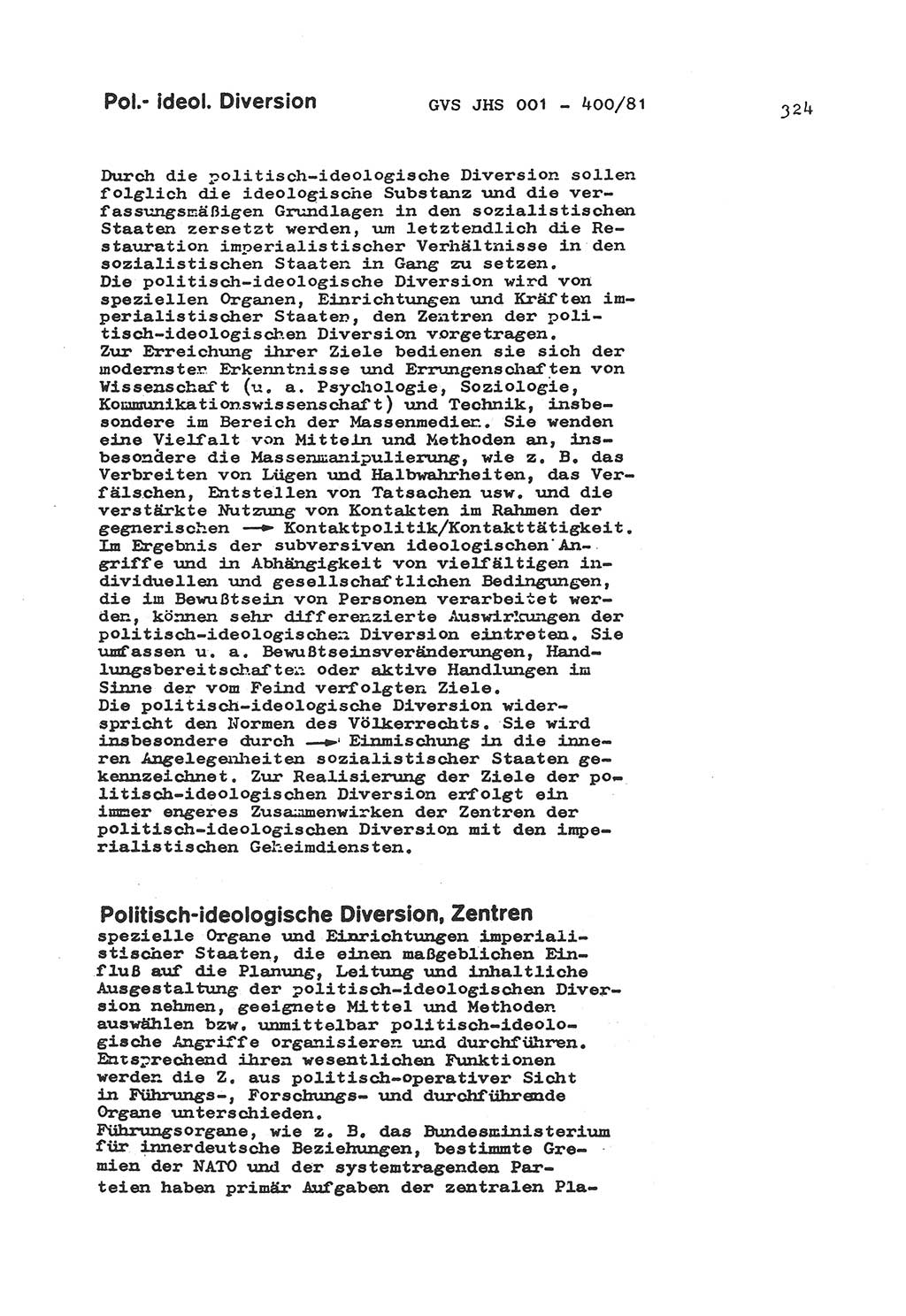 Wörterbuch der politisch-operativen Arbeit, Ministerium für Staatssicherheit (MfS) [Deutsche Demokratische Republik (DDR)], Juristische Hochschule (JHS), Geheime Verschlußsache (GVS) o001-400/81, Potsdam 1985, Blatt 324 (Wb. pol.-op. Arb. MfS DDR JHS GVS o001-400/81 1985, Bl. 324)