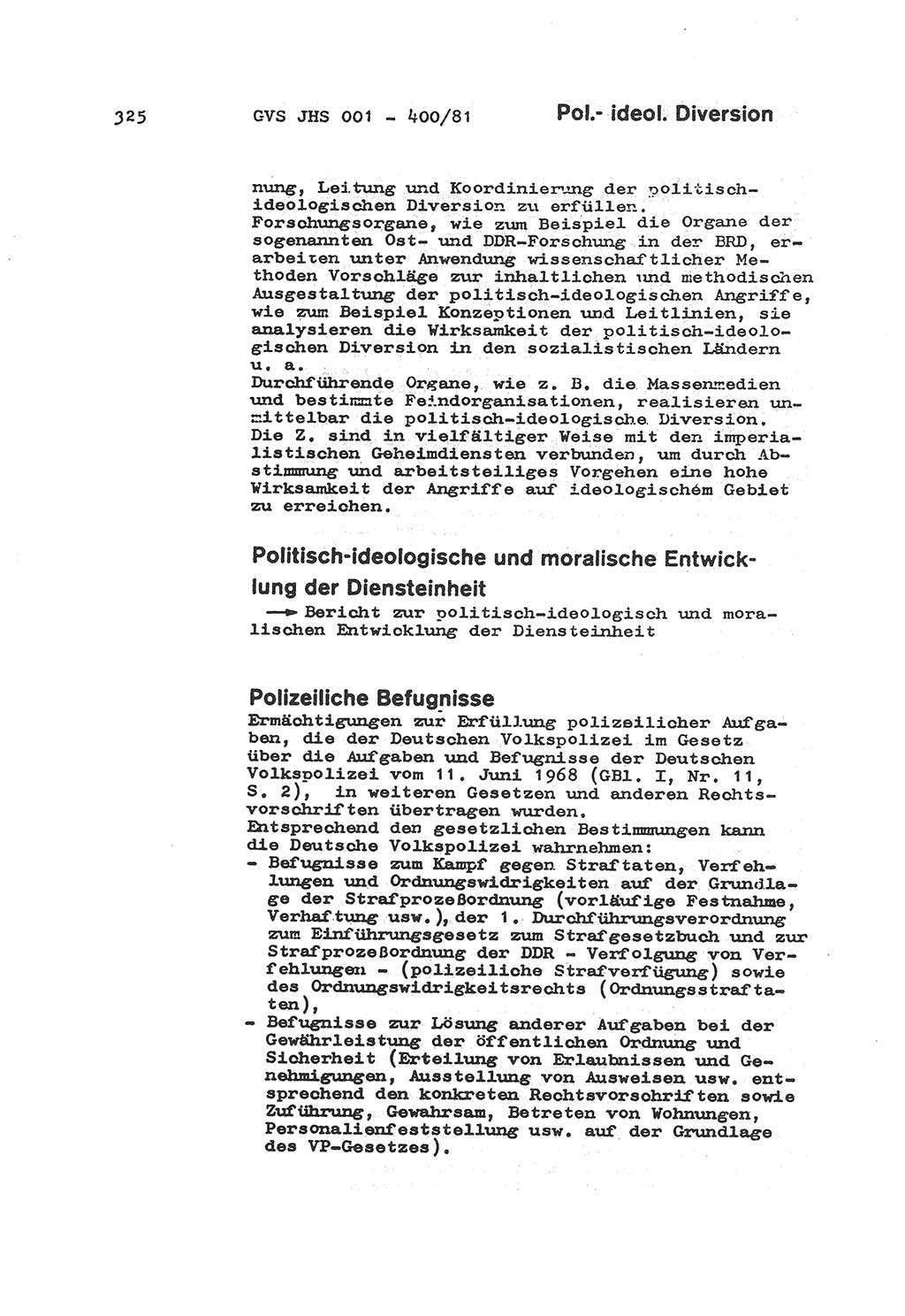 Wörterbuch der politisch-operativen Arbeit, Ministerium für Staatssicherheit (MfS) [Deutsche Demokratische Republik (DDR)], Juristische Hochschule (JHS), Geheime Verschlußsache (GVS) o001-400/81, Potsdam 1985, Blatt 325 (Wb. pol.-op. Arb. MfS DDR JHS GVS o001-400/81 1985, Bl. 325)