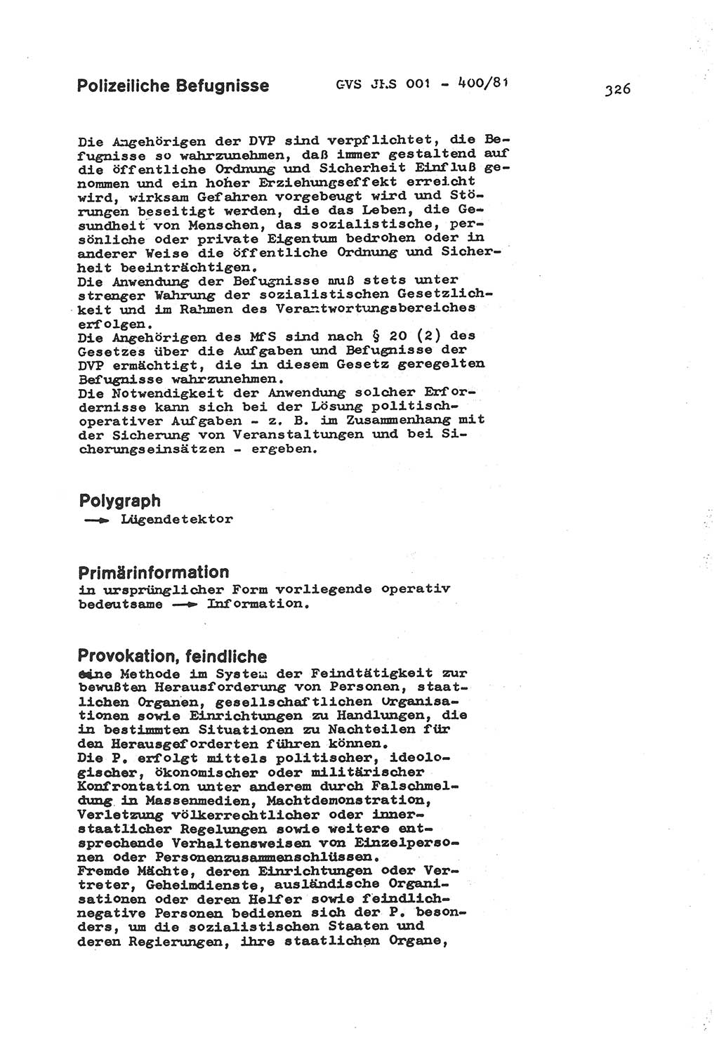 Wörterbuch der politisch-operativen Arbeit, Ministerium für Staatssicherheit (MfS) [Deutsche Demokratische Republik (DDR)], Juristische Hochschule (JHS), Geheime Verschlußsache (GVS) o001-400/81, Potsdam 1985, Blatt 326 (Wb. pol.-op. Arb. MfS DDR JHS GVS o001-400/81 1985, Bl. 326)