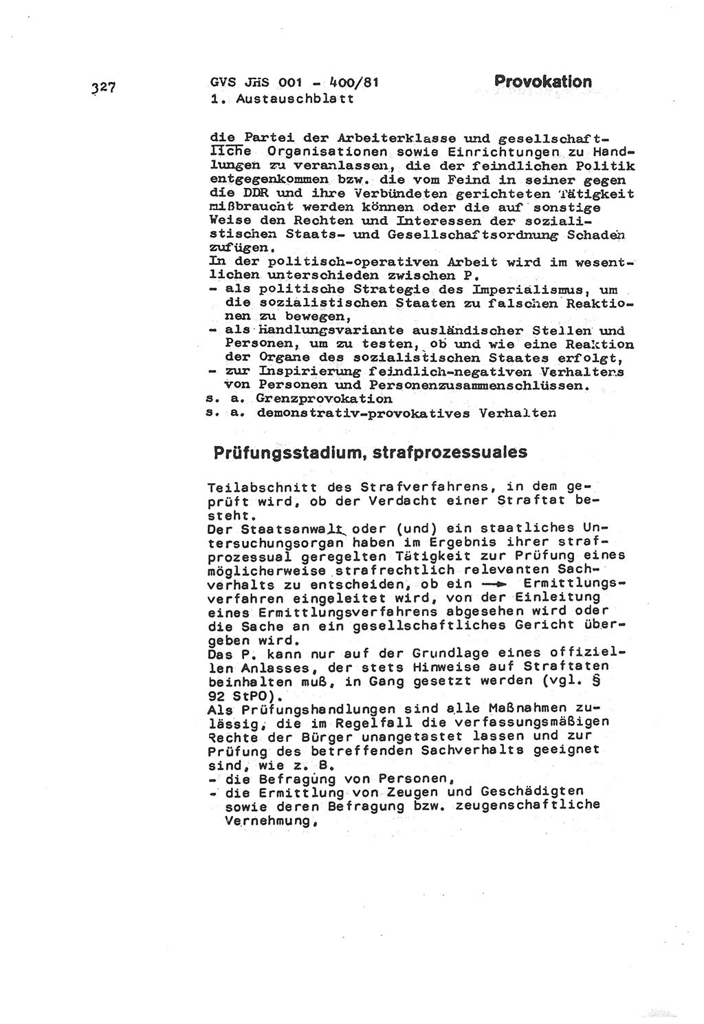 Wörterbuch der politisch-operativen Arbeit, Ministerium für Staatssicherheit (MfS) [Deutsche Demokratische Republik (DDR)], Juristische Hochschule (JHS), Geheime Verschlußsache (GVS) o001-400/81, Potsdam 1985, Blatt 327 (Wb. pol.-op. Arb. MfS DDR JHS GVS o001-400/81 1985, Bl. 327)