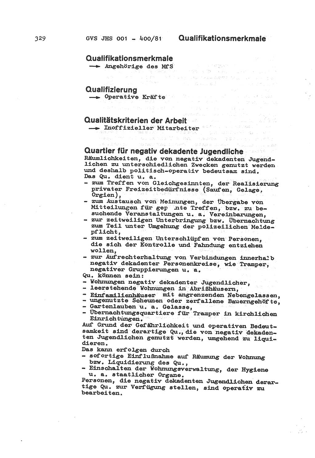 Wörterbuch der politisch-operativen Arbeit, Ministerium für Staatssicherheit (MfS) [Deutsche Demokratische Republik (DDR)], Juristische Hochschule (JHS), Geheime Verschlußsache (GVS) o001-400/81, Potsdam 1985, Blatt 329 (Wb. pol.-op. Arb. MfS DDR JHS GVS o001-400/81 1985, Bl. 329)