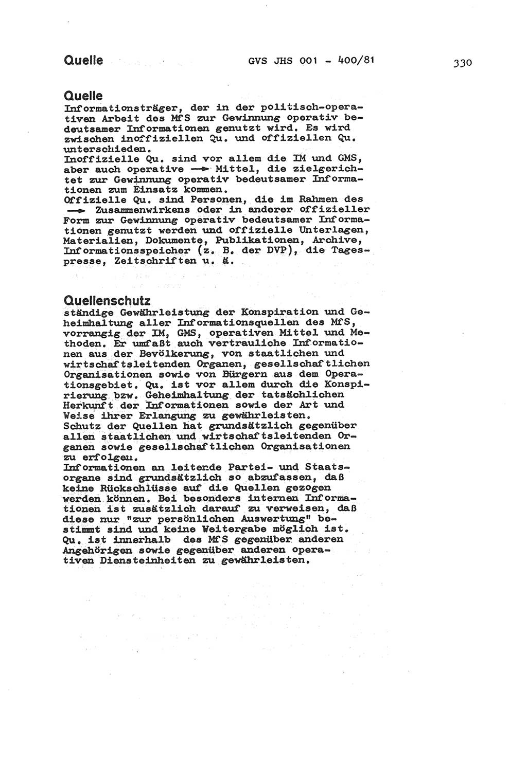 Wörterbuch der politisch-operativen Arbeit, Ministerium für Staatssicherheit (MfS) [Deutsche Demokratische Republik (DDR)], Juristische Hochschule (JHS), Geheime Verschlußsache (GVS) o001-400/81, Potsdam 1985, Blatt 330 (Wb. pol.-op. Arb. MfS DDR JHS GVS o001-400/81 1985, Bl. 330)