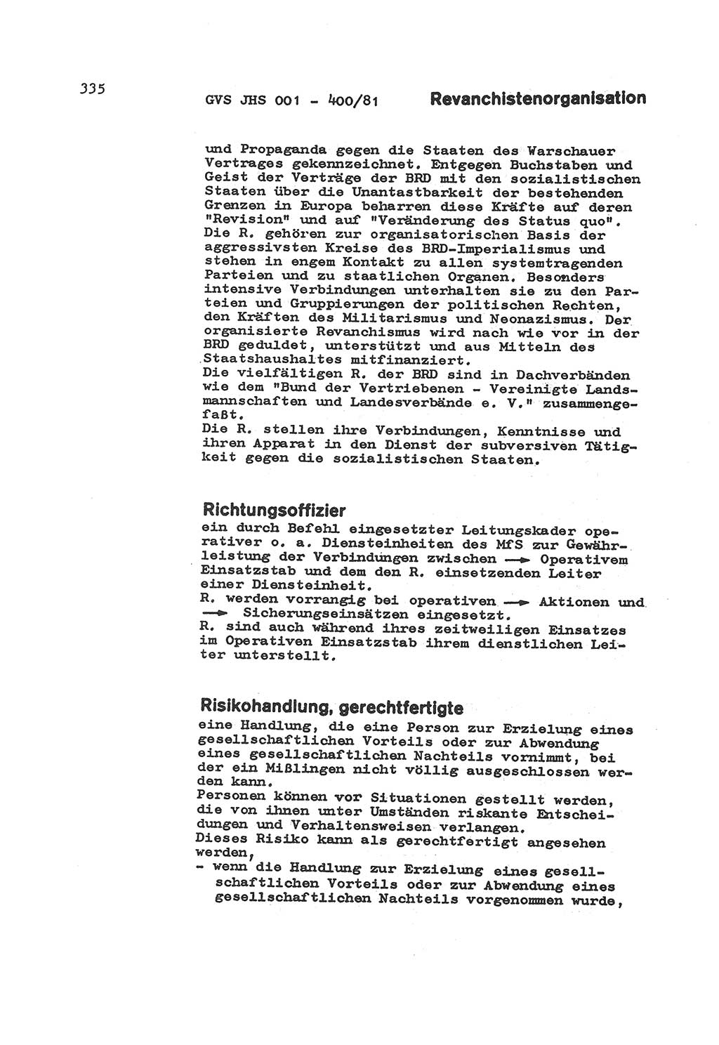 Wörterbuch der politisch-operativen Arbeit, Ministerium für Staatssicherheit (MfS) [Deutsche Demokratische Republik (DDR)], Juristische Hochschule (JHS), Geheime Verschlußsache (GVS) o001-400/81, Potsdam 1985, Blatt 335 (Wb. pol.-op. Arb. MfS DDR JHS GVS o001-400/81 1985, Bl. 335)
