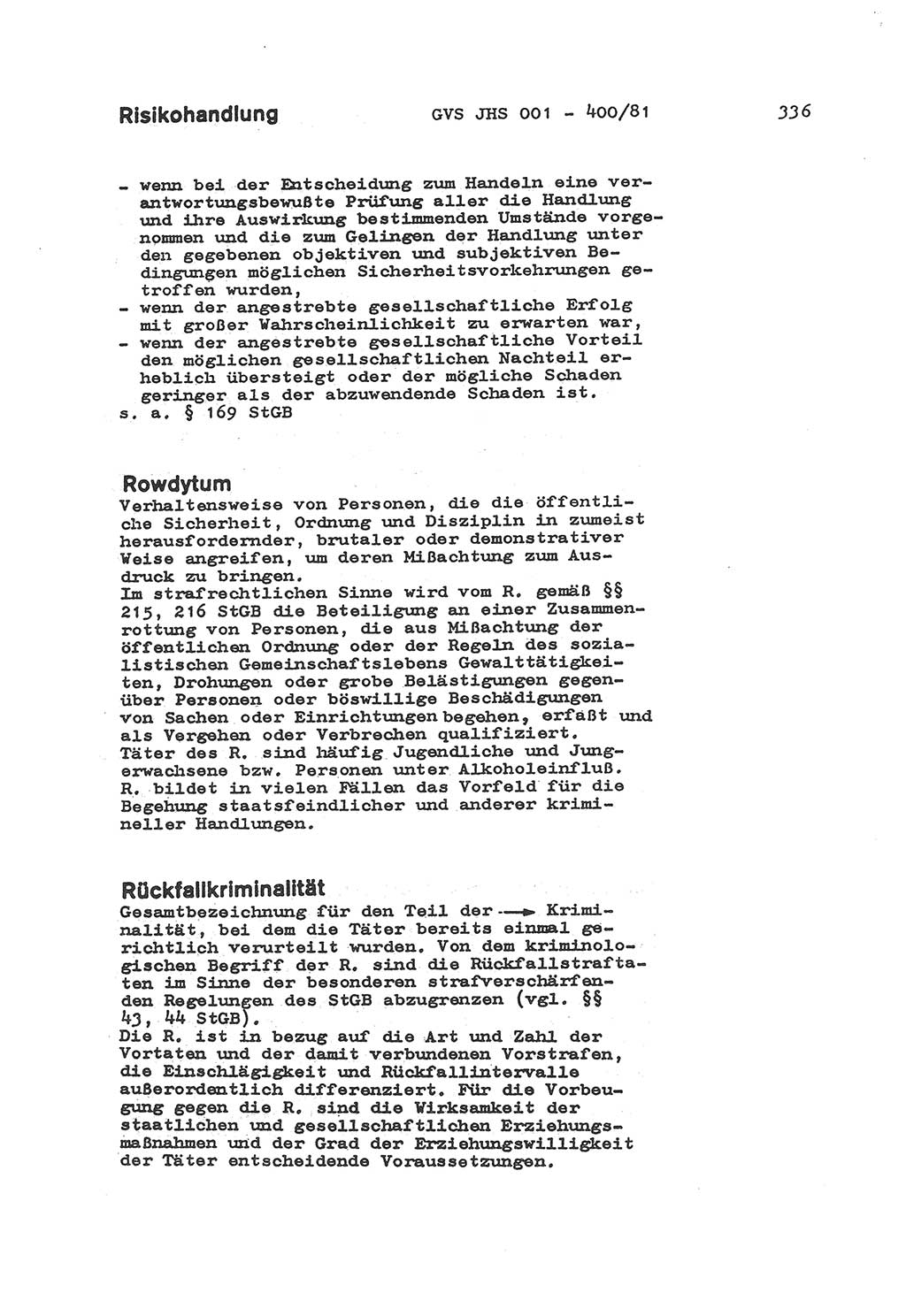 Wörterbuch der politisch-operativen Arbeit, Ministerium für Staatssicherheit (MfS) [Deutsche Demokratische Republik (DDR)], Juristische Hochschule (JHS), Geheime Verschlußsache (GVS) o001-400/81, Potsdam 1985, Blatt 336 (Wb. pol.-op. Arb. MfS DDR JHS GVS o001-400/81 1985, Bl. 336)