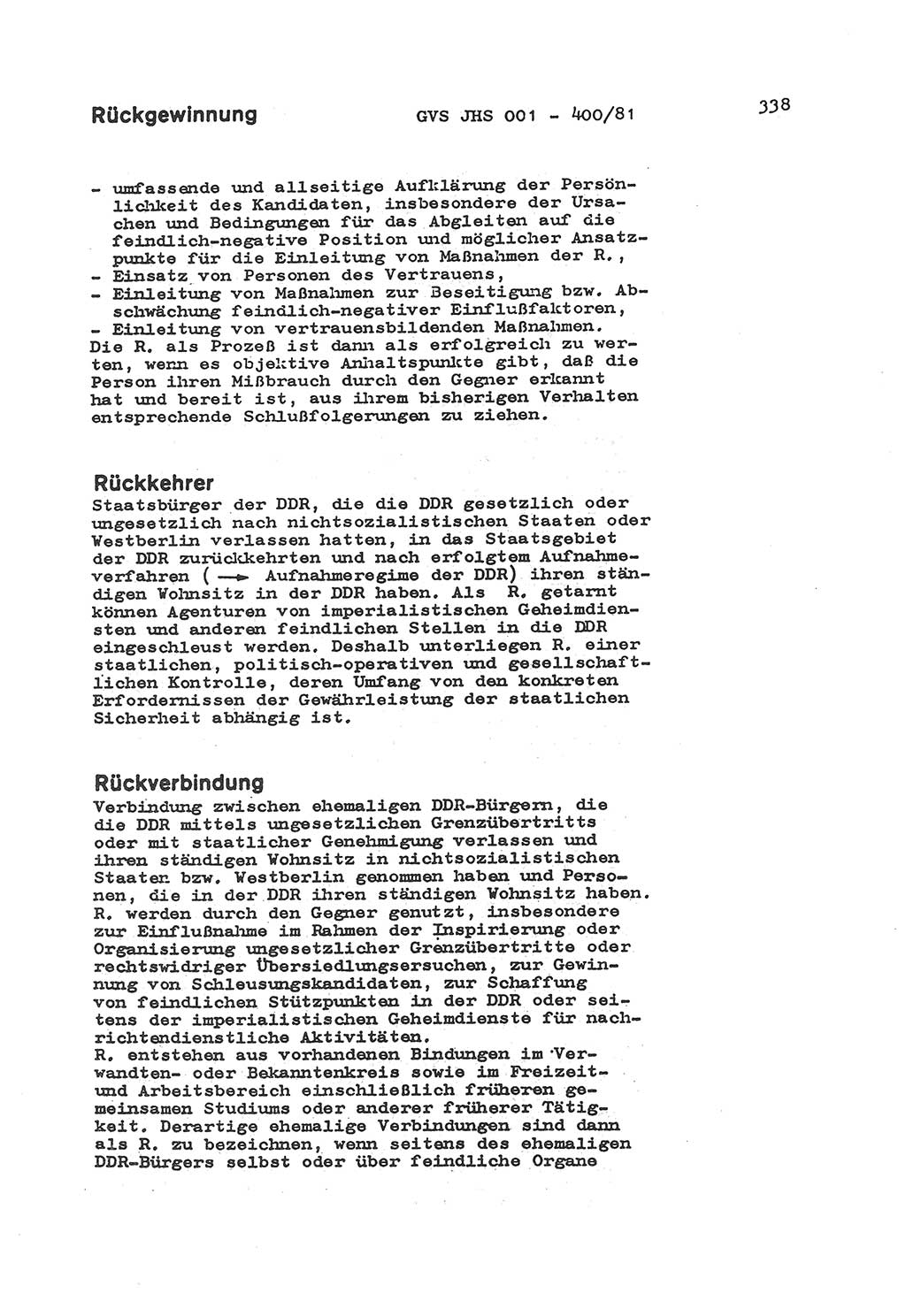 Wörterbuch der politisch-operativen Arbeit, Ministerium für Staatssicherheit (MfS) [Deutsche Demokratische Republik (DDR)], Juristische Hochschule (JHS), Geheime Verschlußsache (GVS) o001-400/81, Potsdam 1985, Blatt 338 (Wb. pol.-op. Arb. MfS DDR JHS GVS o001-400/81 1985, Bl. 338)