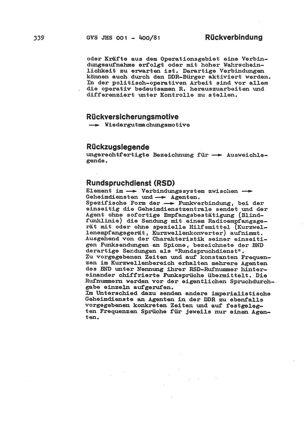 Wörterbuch der politisch-operativen Arbeit, Ministerium für Staatssicherheit (MfS) [Deutsche Demokratische Republik (DDR)], Juristische Hochschule (JHS), Geheime Verschlußsache (GVS) o001-400/81, Potsdam 1985, Blatt 339 (Wb. pol.-op. Arb. MfS DDR JHS GVS o001-400/81 1985, Bl. 339)