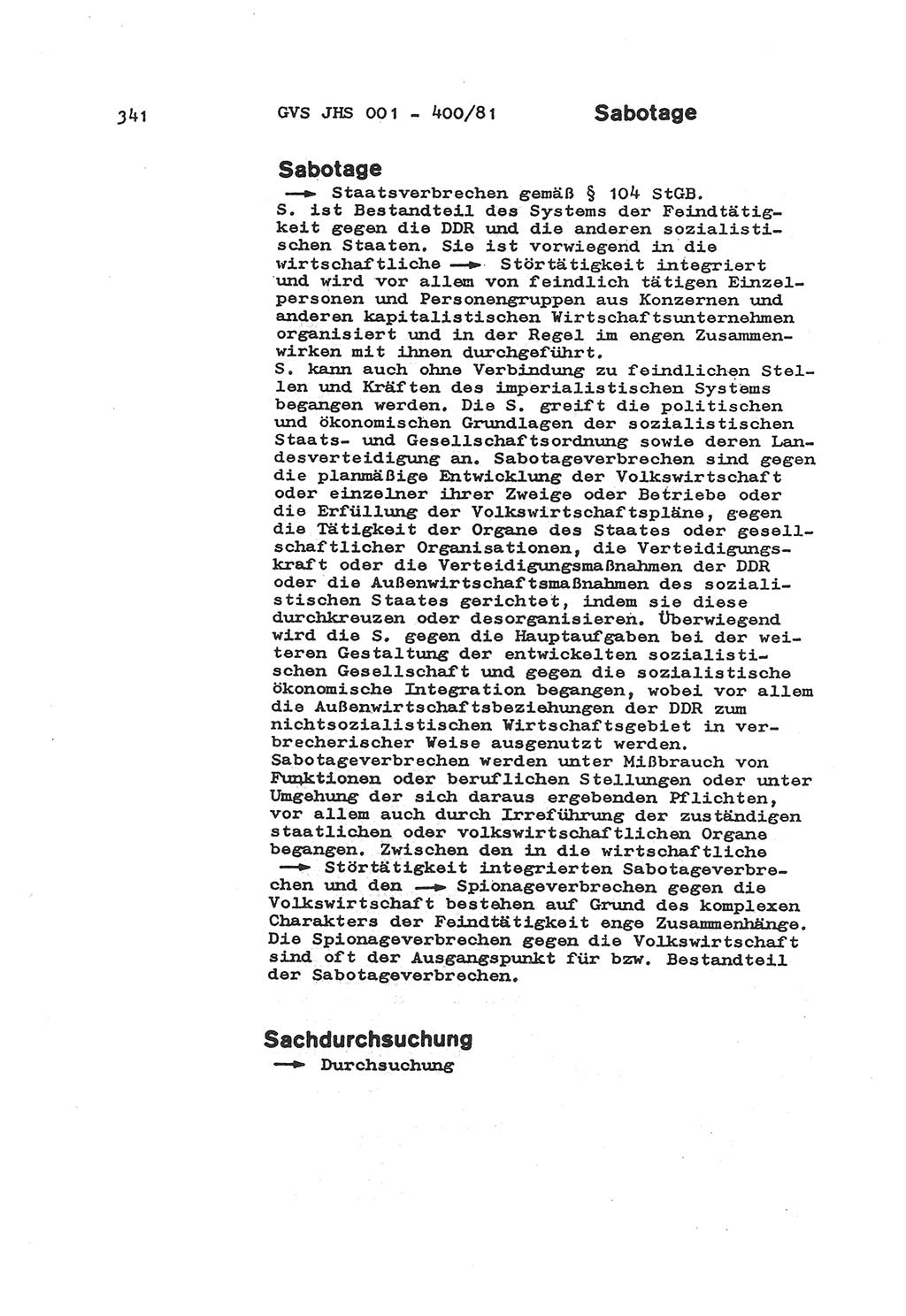 Wörterbuch der politisch-operativen Arbeit, Ministerium für Staatssicherheit (MfS) [Deutsche Demokratische Republik (DDR)], Juristische Hochschule (JHS), Geheime Verschlußsache (GVS) o001-400/81, Potsdam 1985, Blatt 341 (Wb. pol.-op. Arb. MfS DDR JHS GVS o001-400/81 1985, Bl. 341)