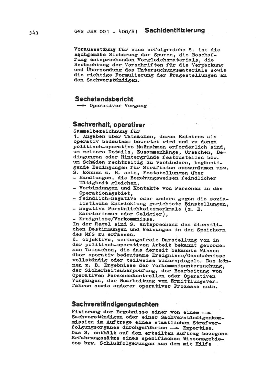 Wörterbuch der politisch-operativen Arbeit, Ministerium für Staatssicherheit (MfS) [Deutsche Demokratische Republik (DDR)], Juristische Hochschule (JHS), Geheime Verschlußsache (GVS) o001-400/81, Potsdam 1985, Blatt 343 (Wb. pol.-op. Arb. MfS DDR JHS GVS o001-400/81 1985, Bl. 343)