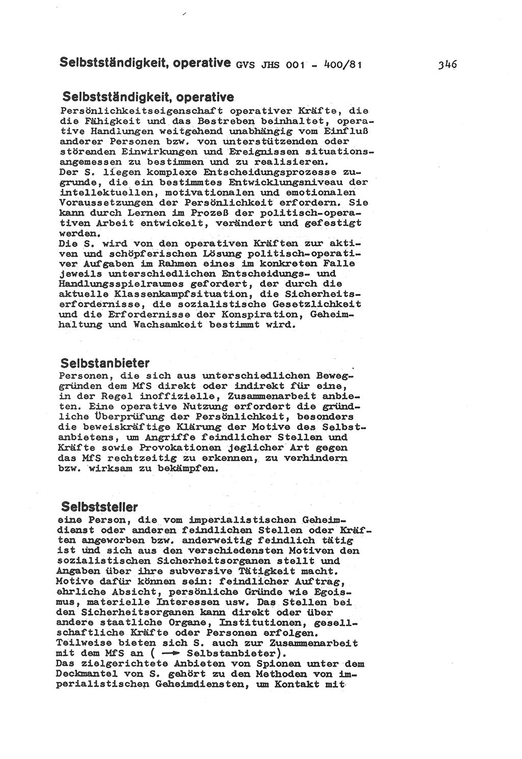 Wörterbuch der politisch-operativen Arbeit, Ministerium für Staatssicherheit (MfS) [Deutsche Demokratische Republik (DDR)], Juristische Hochschule (JHS), Geheime Verschlußsache (GVS) o001-400/81, Potsdam 1985, Blatt 346 (Wb. pol.-op. Arb. MfS DDR JHS GVS o001-400/81 1985, Bl. 346)