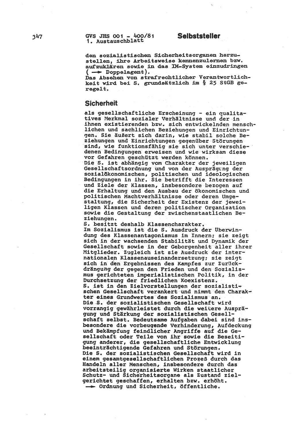 Wörterbuch der politisch-operativen Arbeit, Ministerium für Staatssicherheit (MfS) [Deutsche Demokratische Republik (DDR)], Juristische Hochschule (JHS), Geheime Verschlußsache (GVS) o001-400/81, Potsdam 1985, Blatt 347 (Wb. pol.-op. Arb. MfS DDR JHS GVS o001-400/81 1985, Bl. 347)