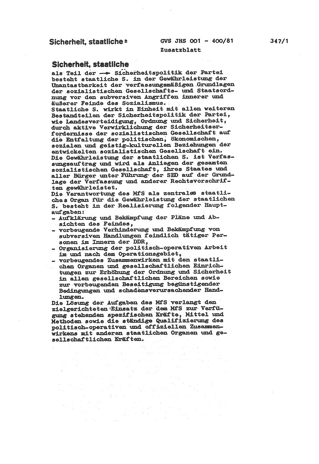 Wörterbuch der politisch-operativen Arbeit, Ministerium für Staatssicherheit (MfS) [Deutsche Demokratische Republik (DDR)], Juristische Hochschule (JHS), Geheime Verschlußsache (GVS) o001-400/81, Potsdam 1985, Blatt 347/1 (Wb. pol.-op. Arb. MfS DDR JHS GVS o001-400/81 1985, Bl. 347/1)