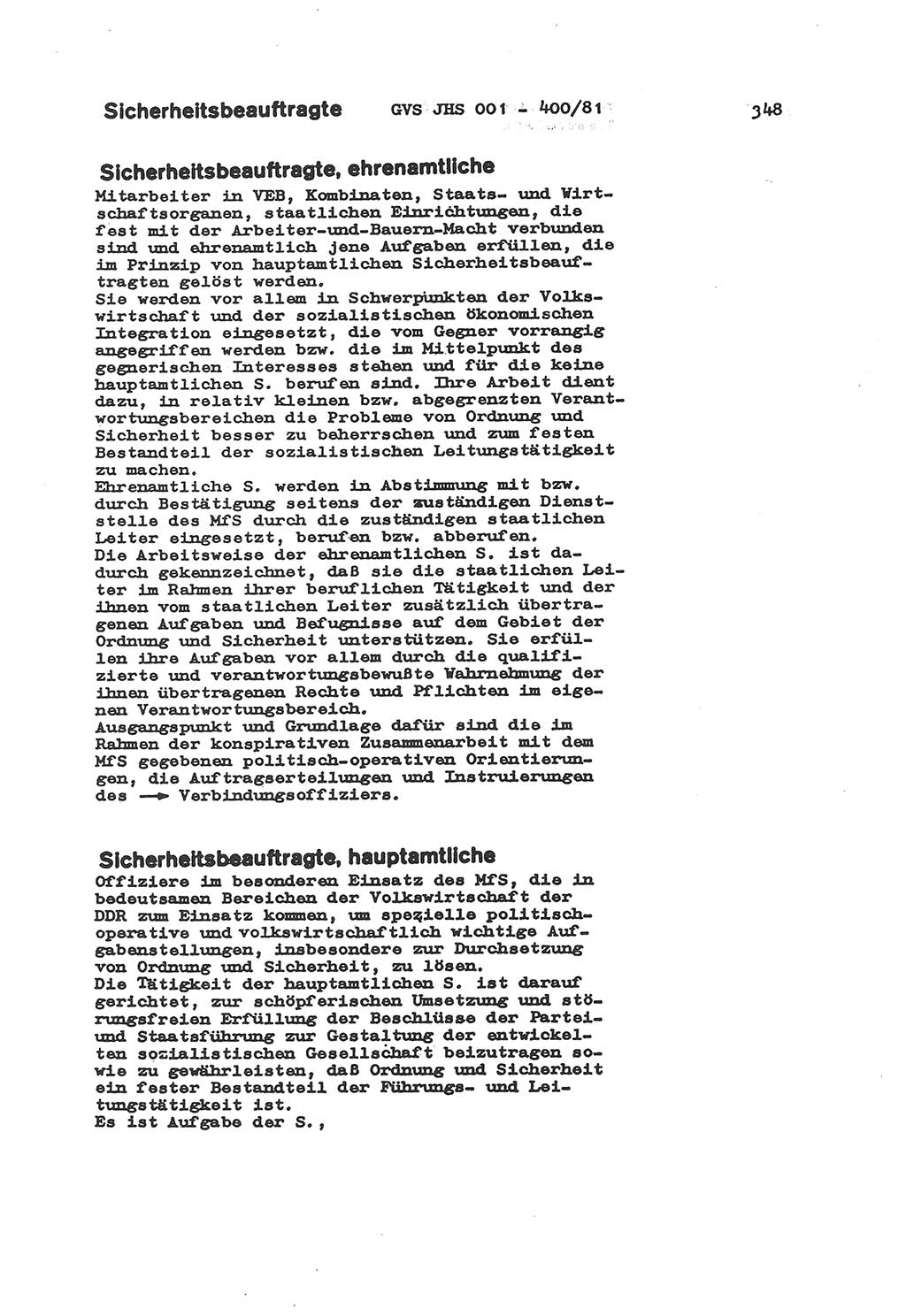 Wörterbuch der politisch-operativen Arbeit, Ministerium für Staatssicherheit (MfS) [Deutsche Demokratische Republik (DDR)], Juristische Hochschule (JHS), Geheime Verschlußsache (GVS) o001-400/81, Potsdam 1985, Blatt 348 (Wb. pol.-op. Arb. MfS DDR JHS GVS o001-400/81 1985, Bl. 348)