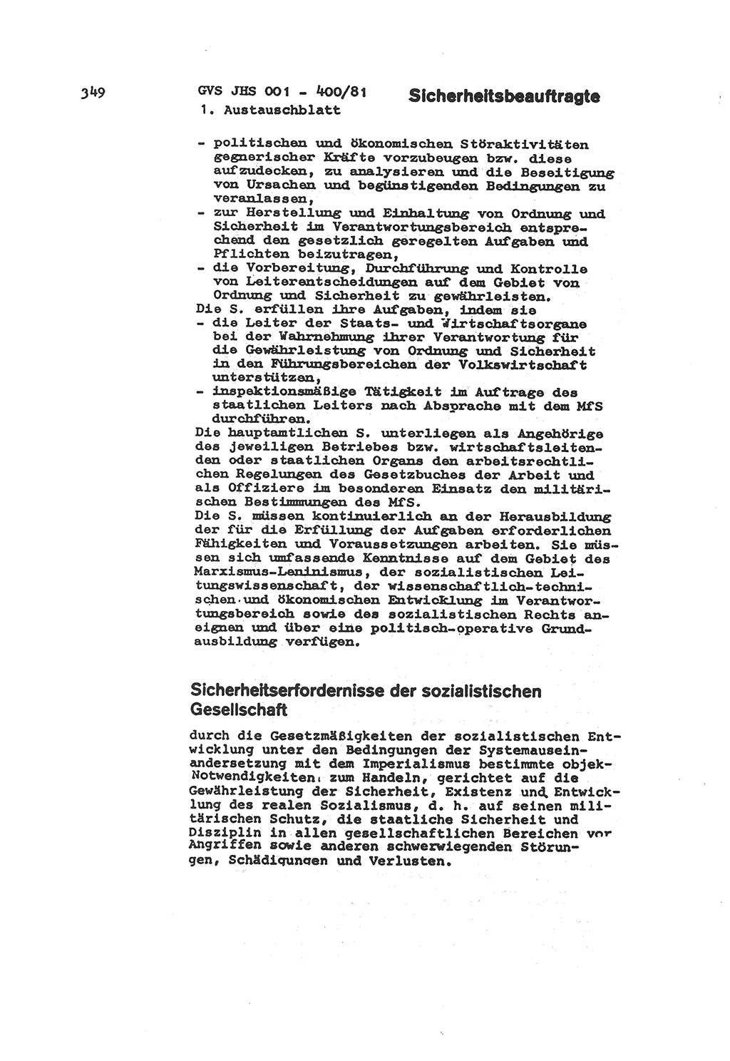 Wörterbuch der politisch-operativen Arbeit, Ministerium für Staatssicherheit (MfS) [Deutsche Demokratische Republik (DDR)], Juristische Hochschule (JHS), Geheime Verschlußsache (GVS) o001-400/81, Potsdam 1985, Blatt 349 (Wb. pol.-op. Arb. MfS DDR JHS GVS o001-400/81 1985, Bl. 349)