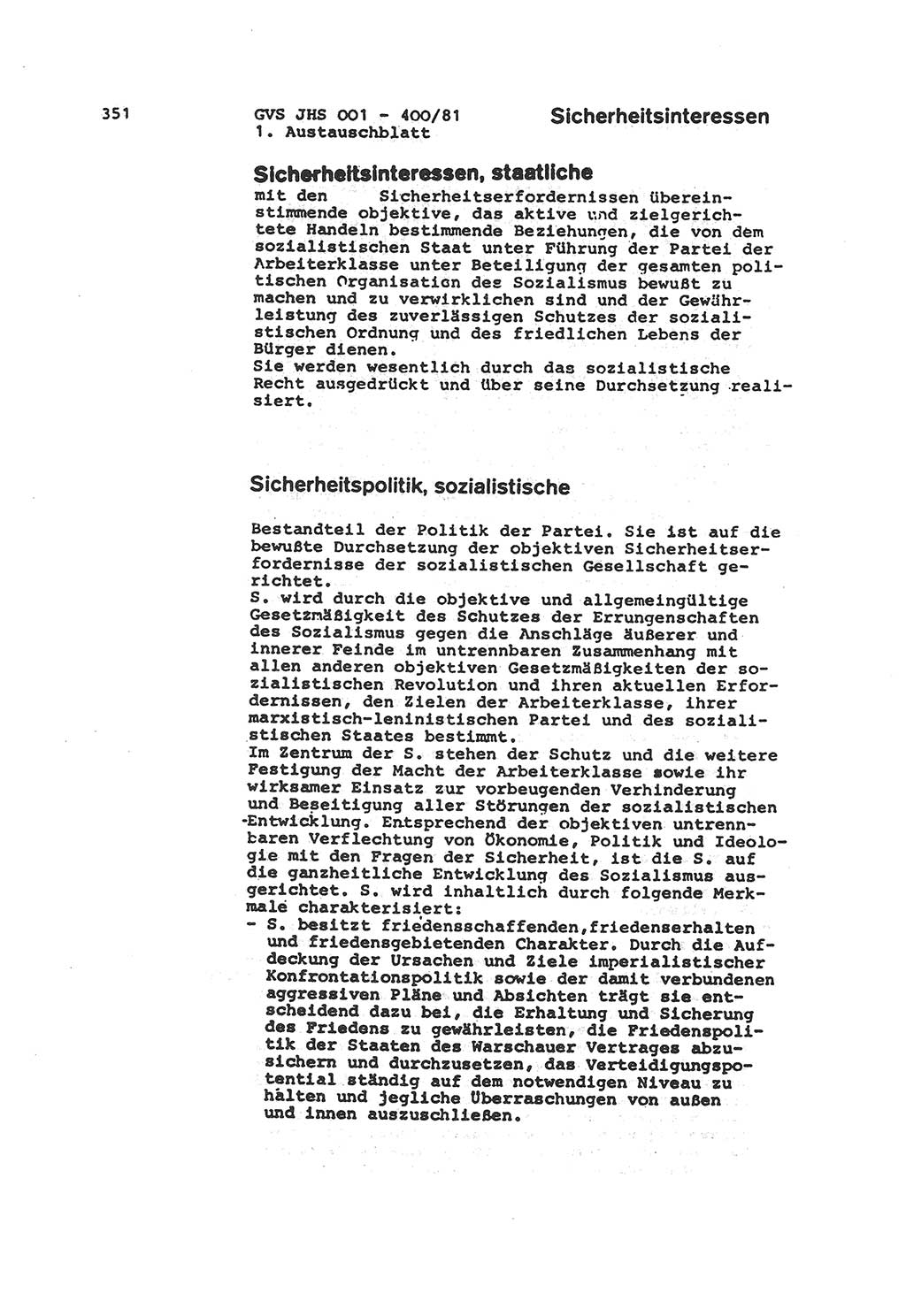 Wörterbuch der politisch-operativen Arbeit, Ministerium für Staatssicherheit (MfS) [Deutsche Demokratische Republik (DDR)], Juristische Hochschule (JHS), Geheime Verschlußsache (GVS) o001-400/81, Potsdam 1985, Blatt 351 (Wb. pol.-op. Arb. MfS DDR JHS GVS o001-400/81 1985, Bl. 351)