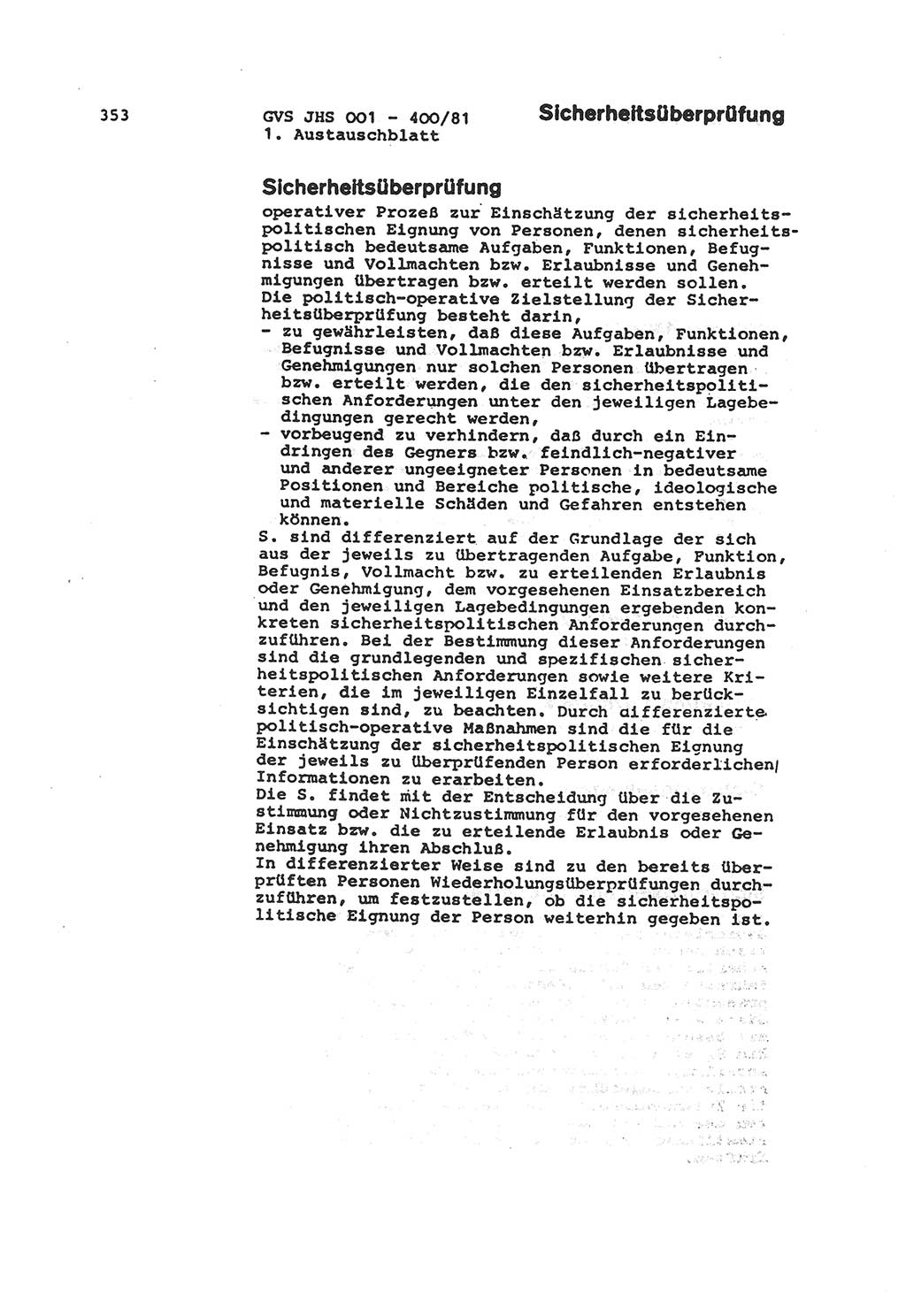 Wörterbuch der politisch-operativen Arbeit, Ministerium für Staatssicherheit (MfS) [Deutsche Demokratische Republik (DDR)], Juristische Hochschule (JHS), Geheime Verschlußsache (GVS) o001-400/81, Potsdam 1985, Blatt 353 (Wb. pol.-op. Arb. MfS DDR JHS GVS o001-400/81 1985, Bl. 353)