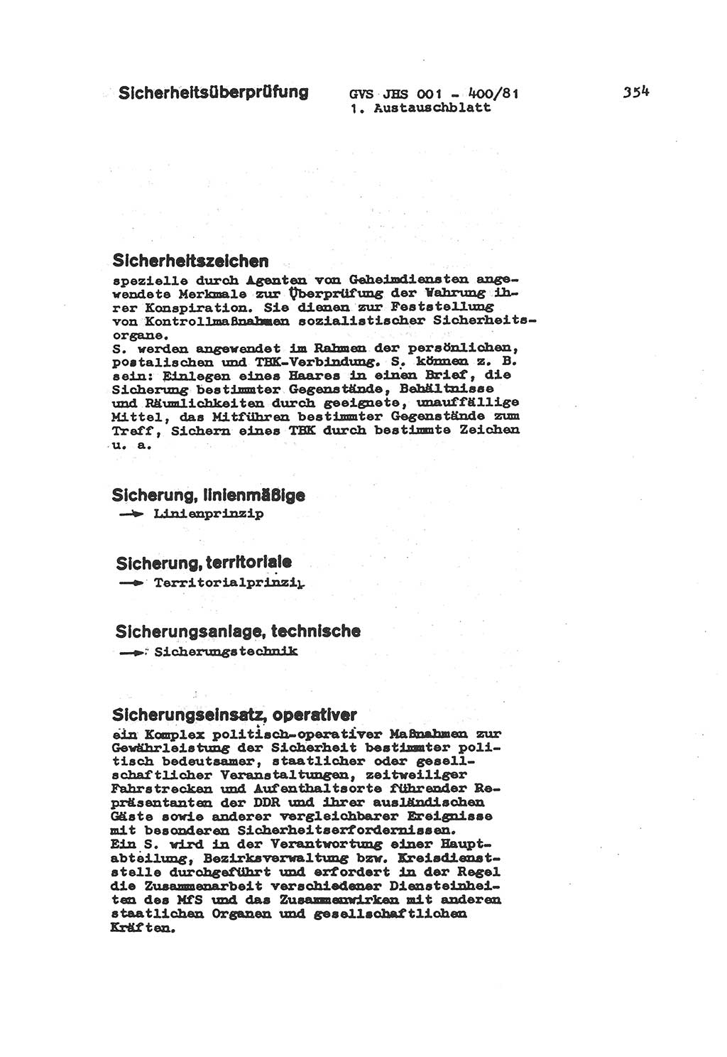 Wörterbuch der politisch-operativen Arbeit, Ministerium für Staatssicherheit (MfS) [Deutsche Demokratische Republik (DDR)], Juristische Hochschule (JHS), Geheime Verschlußsache (GVS) o001-400/81, Potsdam 1985, Blatt 354 (Wb. pol.-op. Arb. MfS DDR JHS GVS o001-400/81 1985, Bl. 354)