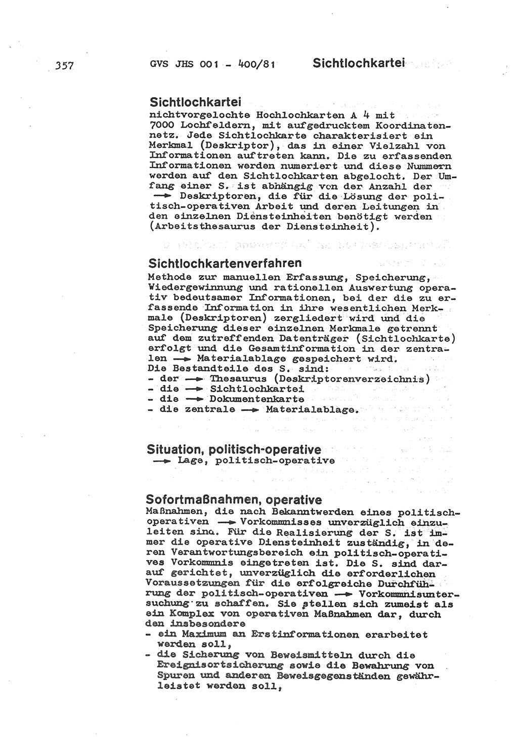 Wörterbuch der politisch-operativen Arbeit, Ministerium für Staatssicherheit (MfS) [Deutsche Demokratische Republik (DDR)], Juristische Hochschule (JHS), Geheime Verschlußsache (GVS) o001-400/81, Potsdam 1985, Blatt 357 (Wb. pol.-op. Arb. MfS DDR JHS GVS o001-400/81 1985, Bl. 357)