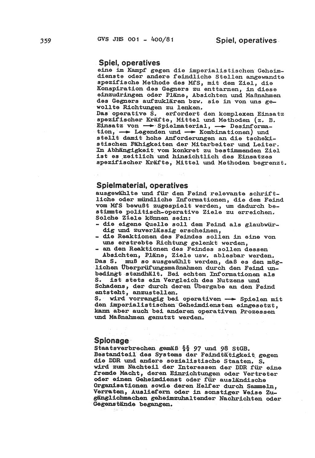 Wörterbuch der politisch-operativen Arbeit, Ministerium für Staatssicherheit (MfS) [Deutsche Demokratische Republik (DDR)], Juristische Hochschule (JHS), Geheime Verschlußsache (GVS) o001-400/81, Potsdam 1985, Blatt 359 (Wb. pol.-op. Arb. MfS DDR JHS GVS o001-400/81 1985, Bl. 359)