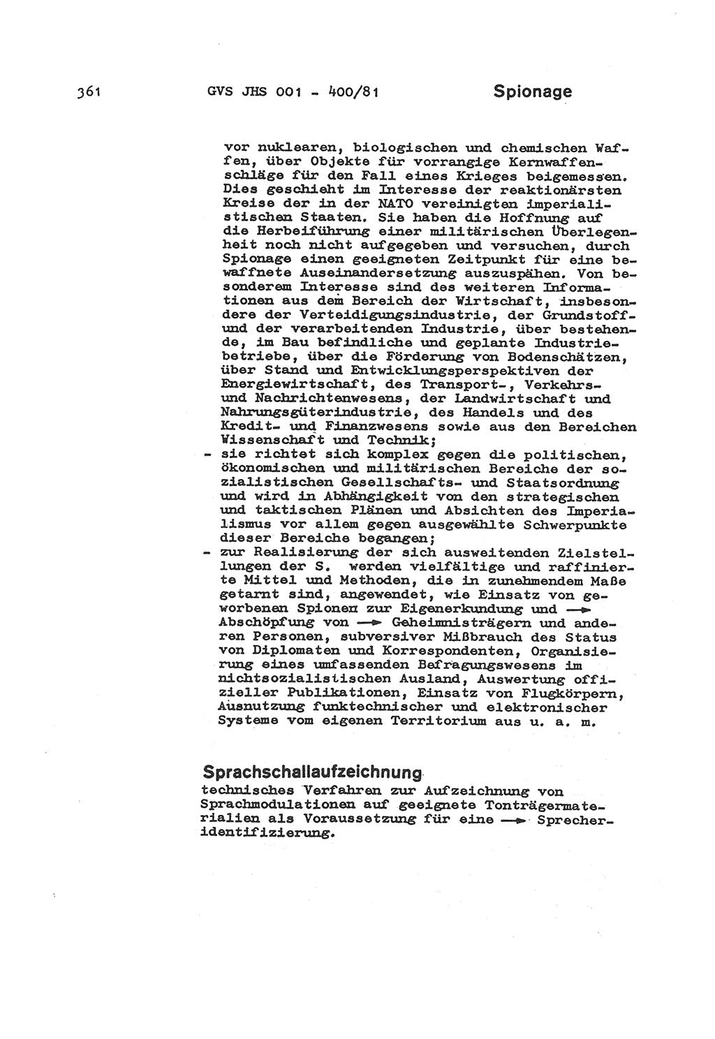 Wörterbuch der politisch-operativen Arbeit, Ministerium für Staatssicherheit (MfS) [Deutsche Demokratische Republik (DDR)], Juristische Hochschule (JHS), Geheime Verschlußsache (GVS) o001-400/81, Potsdam 1985, Blatt 361 (Wb. pol.-op. Arb. MfS DDR JHS GVS o001-400/81 1985, Bl. 361)
